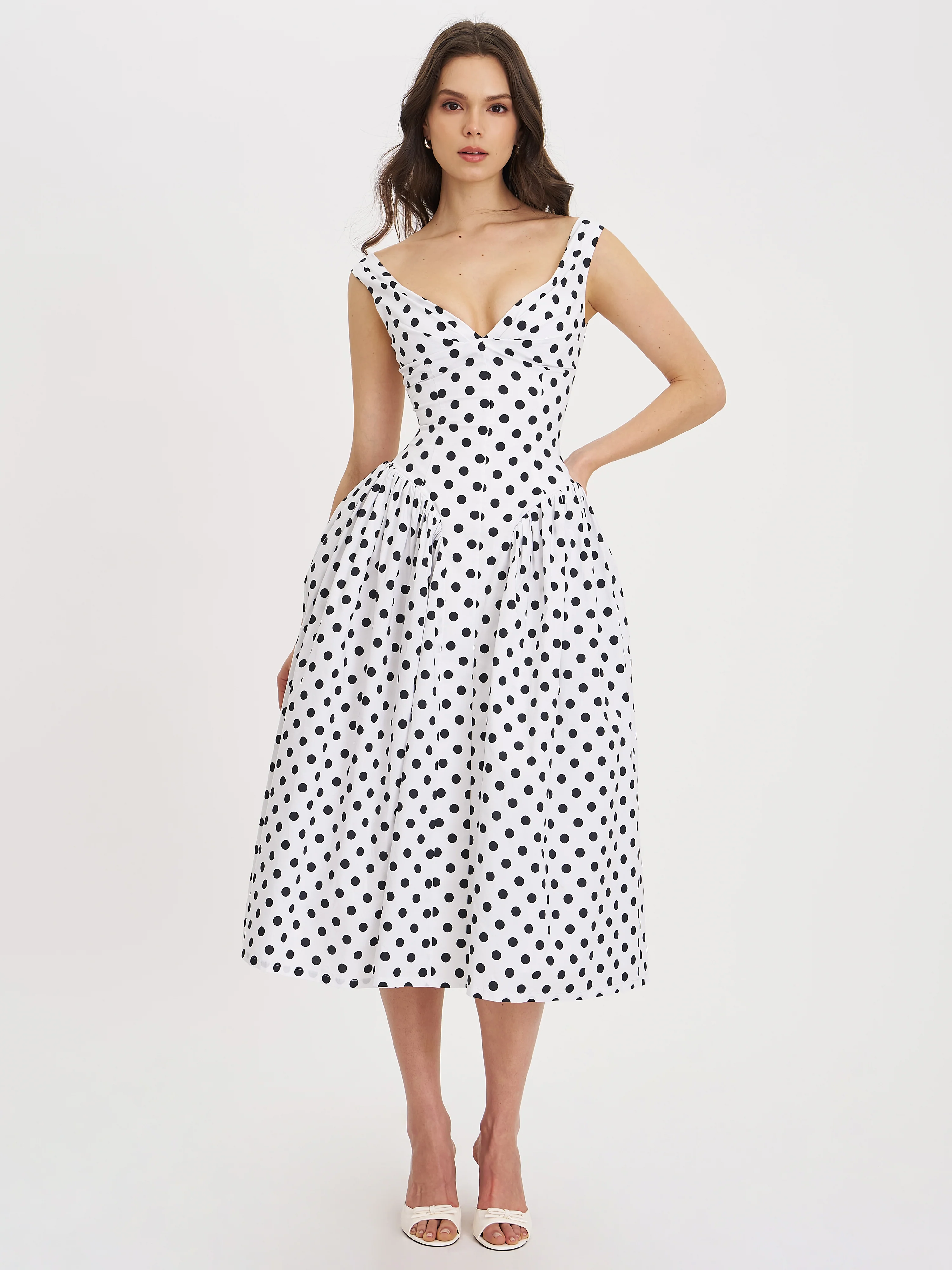 Rahma Polka Dot Drop Waist Midi Cotton Poplin Dress