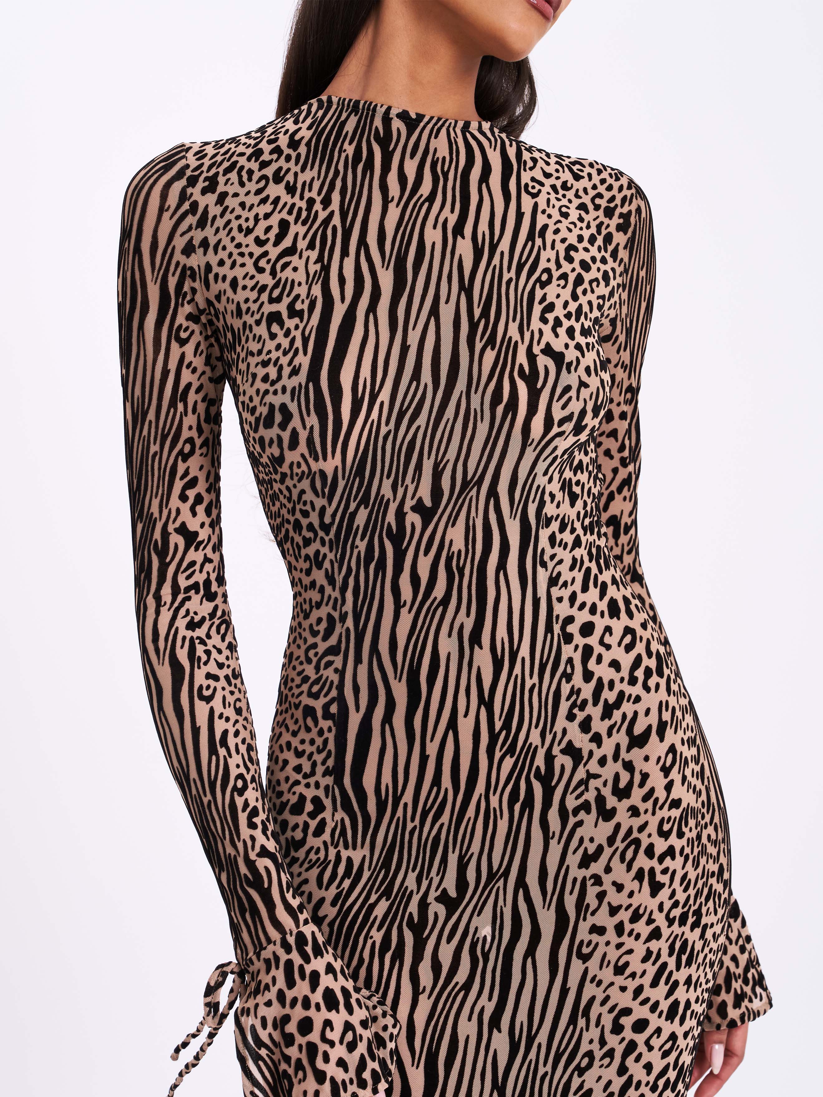 Waylynn Nude Black Animal Print Burnout Velvet Detail Mesh Backless Maxi Dress