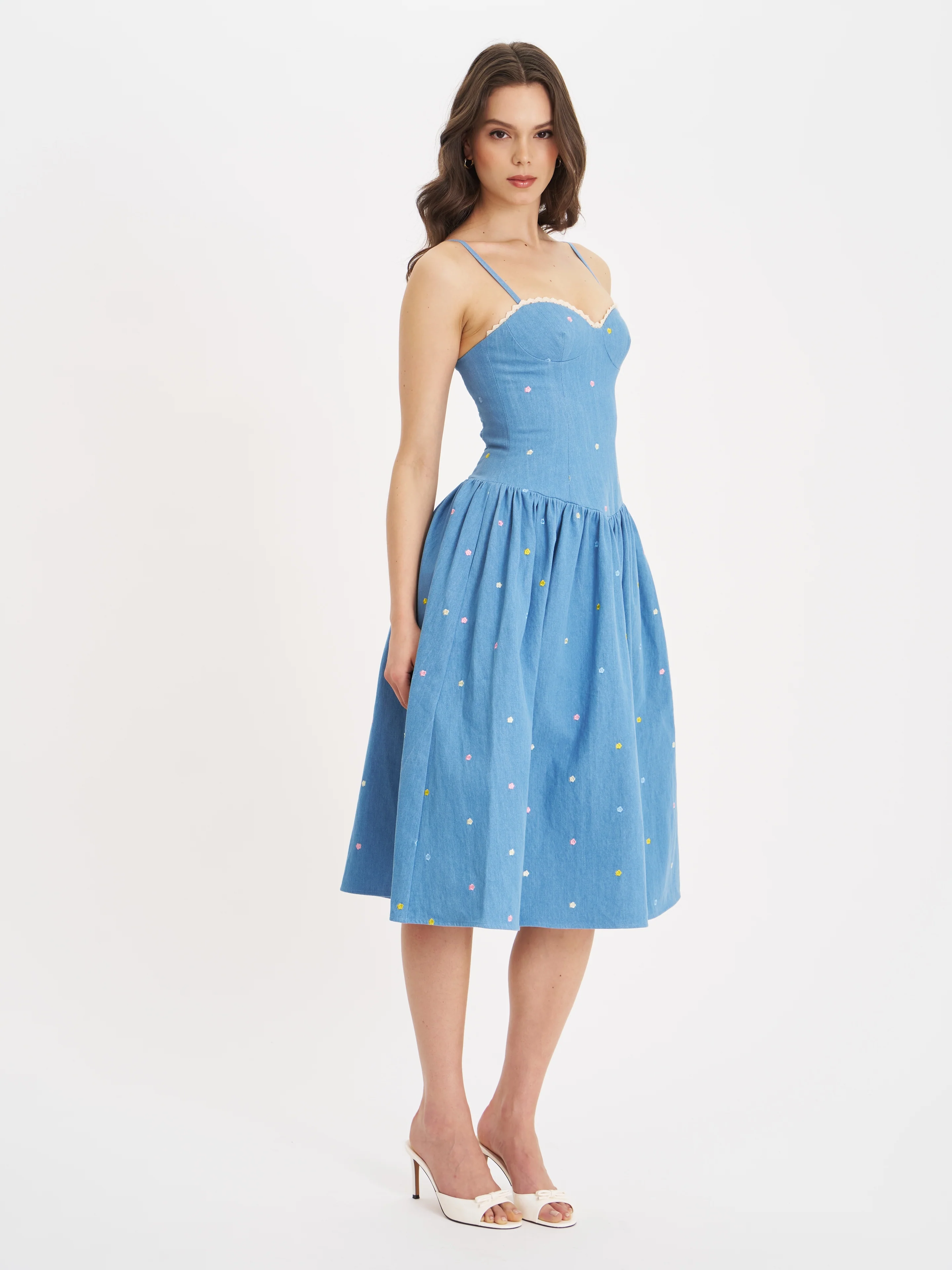 Zadie Cotton Denim Drop Waist Embroidery Flower Midi Dress
