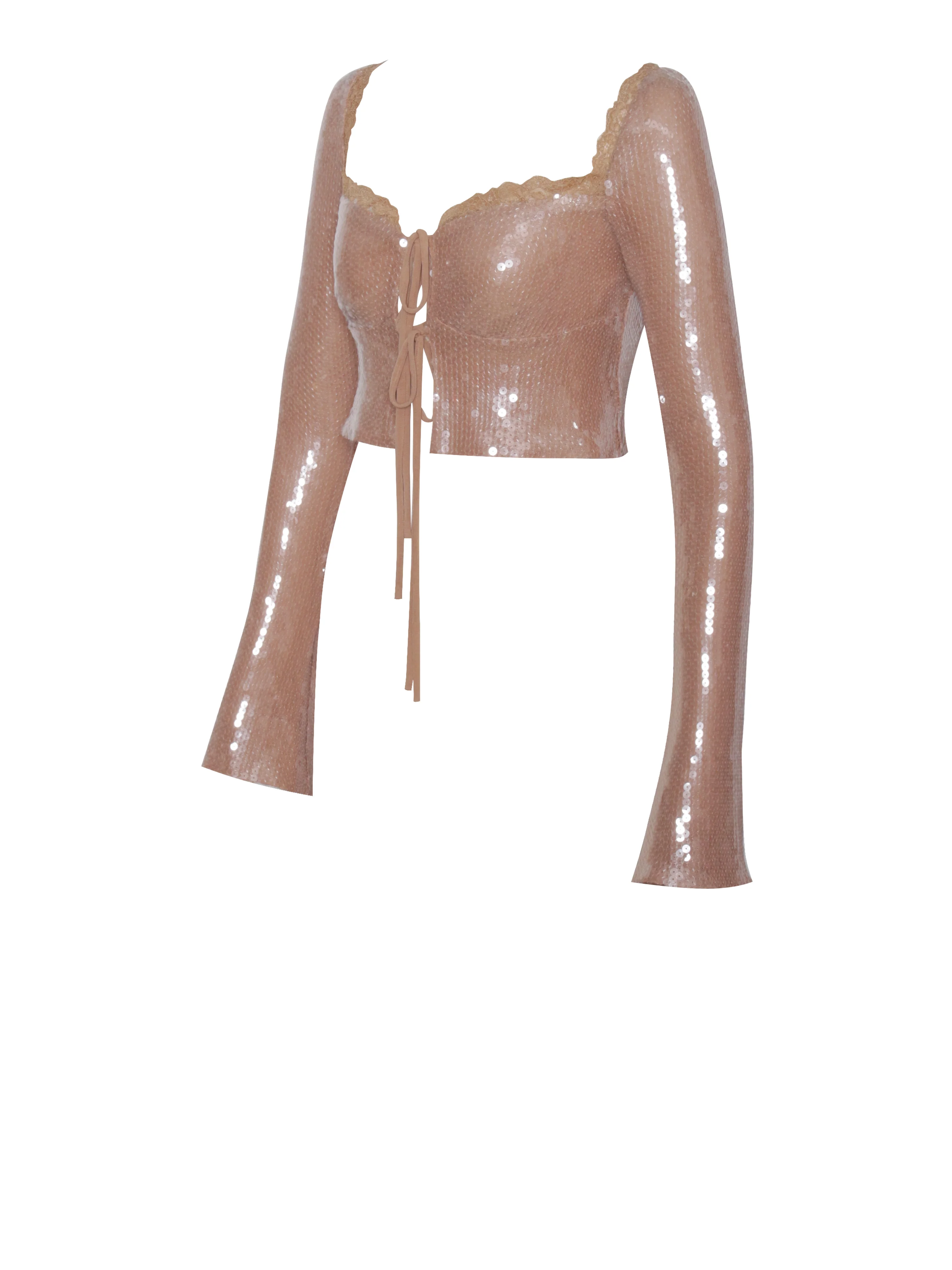 Ollie Nude Sequin Lace Up Top With Lace Trim