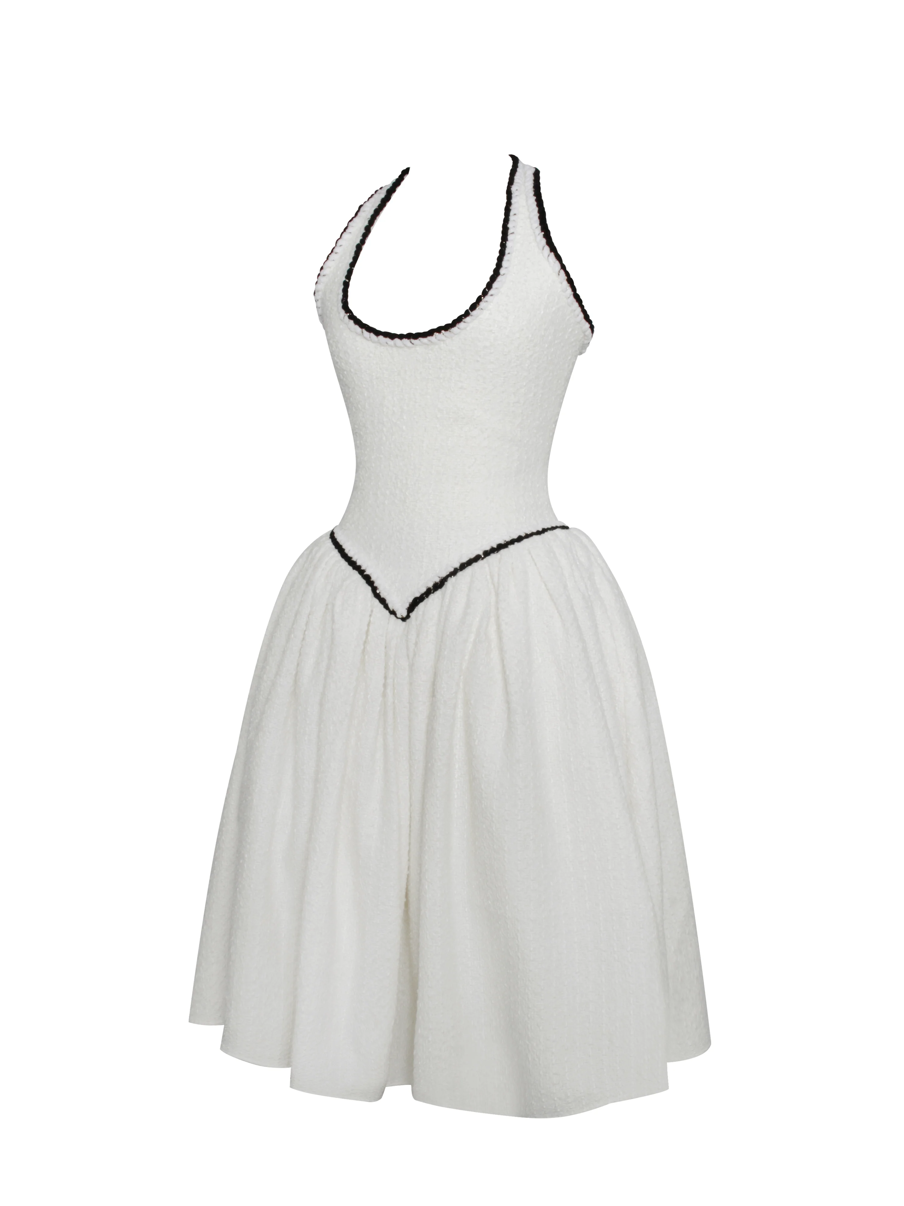 Natalie U Neck Halter Drop Waist Tweed Midi Dress