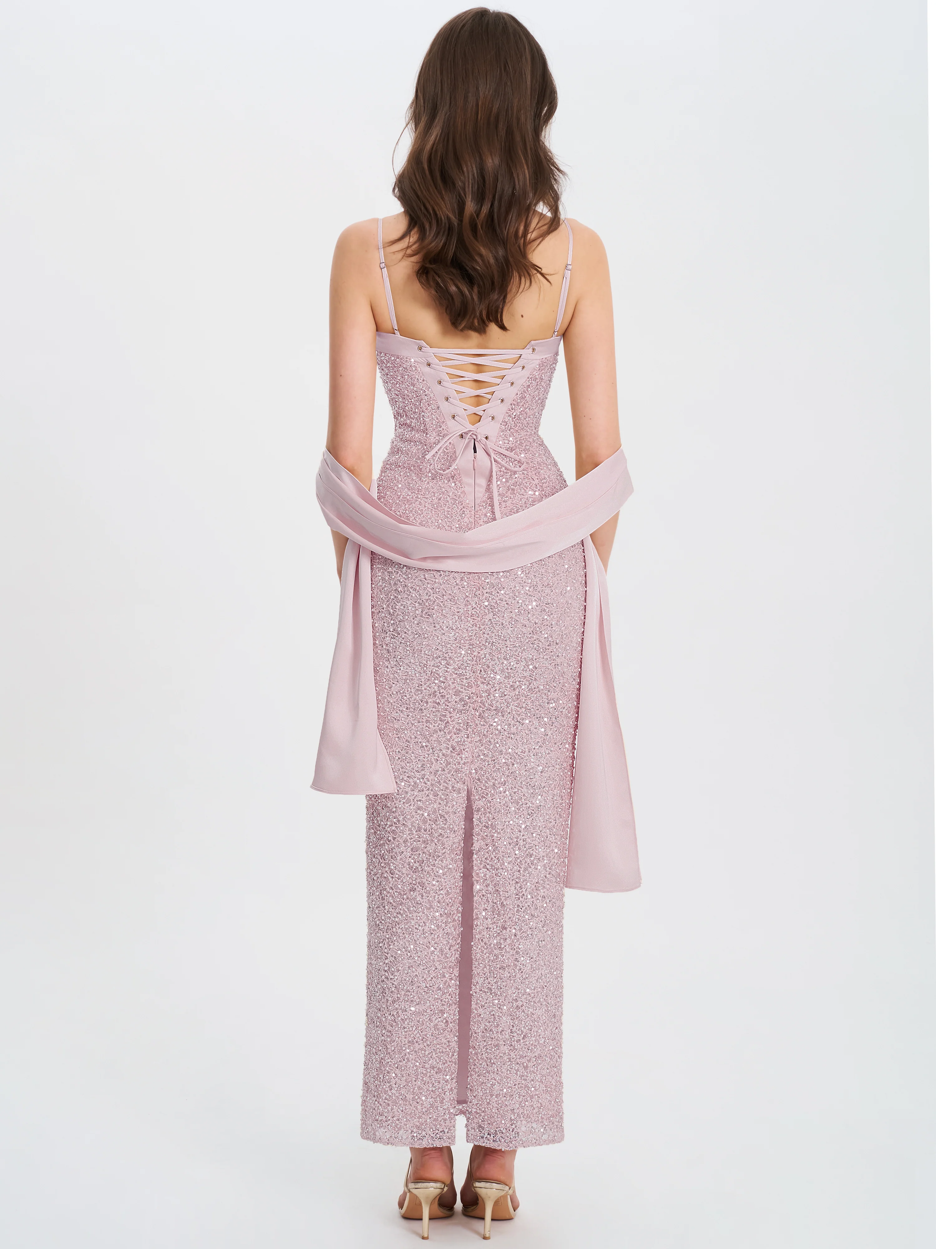 Raizel Pink Beaded Sequin Bodycon Gown with Scarf