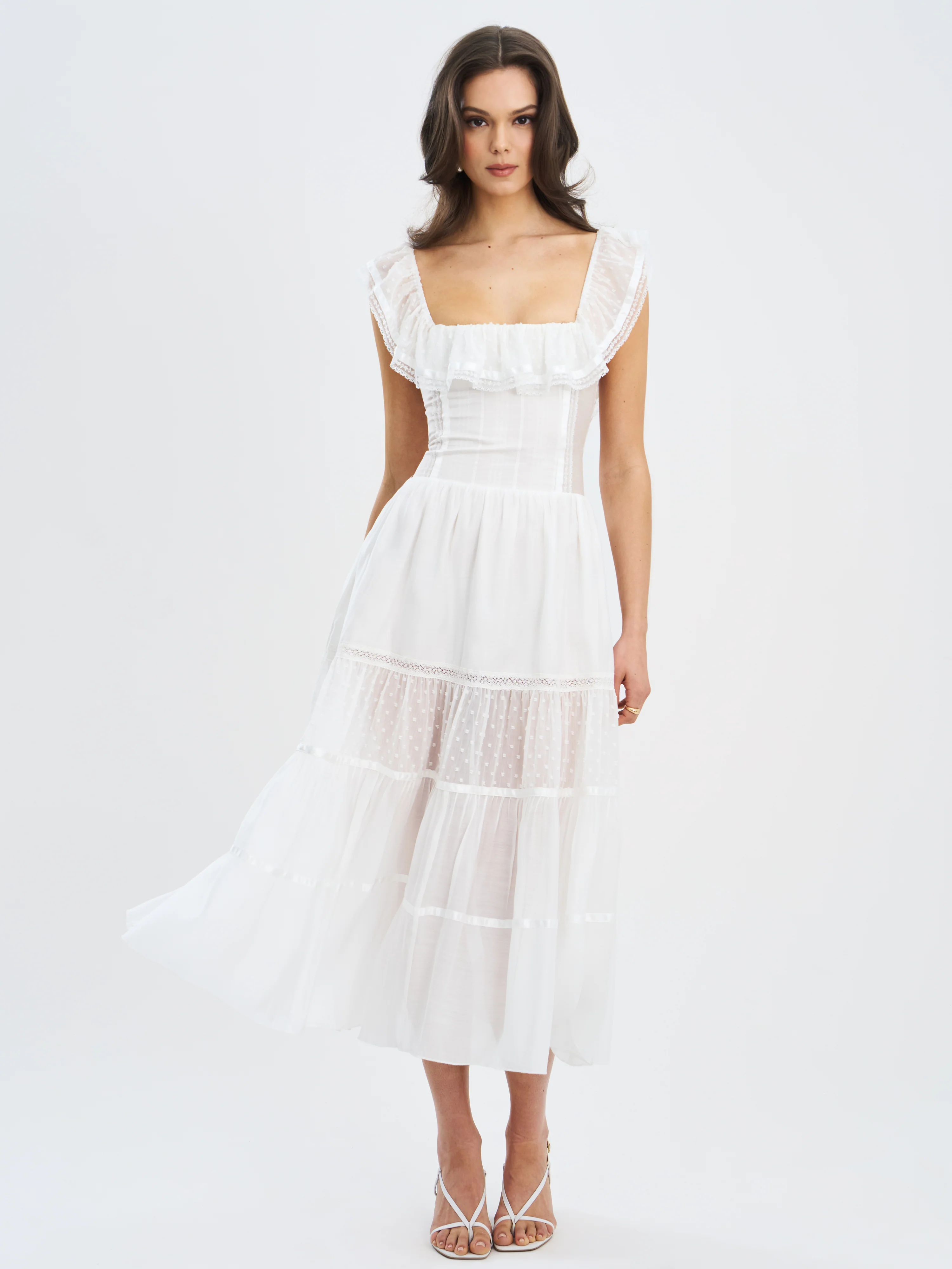 Eden Square Neck Ruffle Trim High Waist Midi Dress