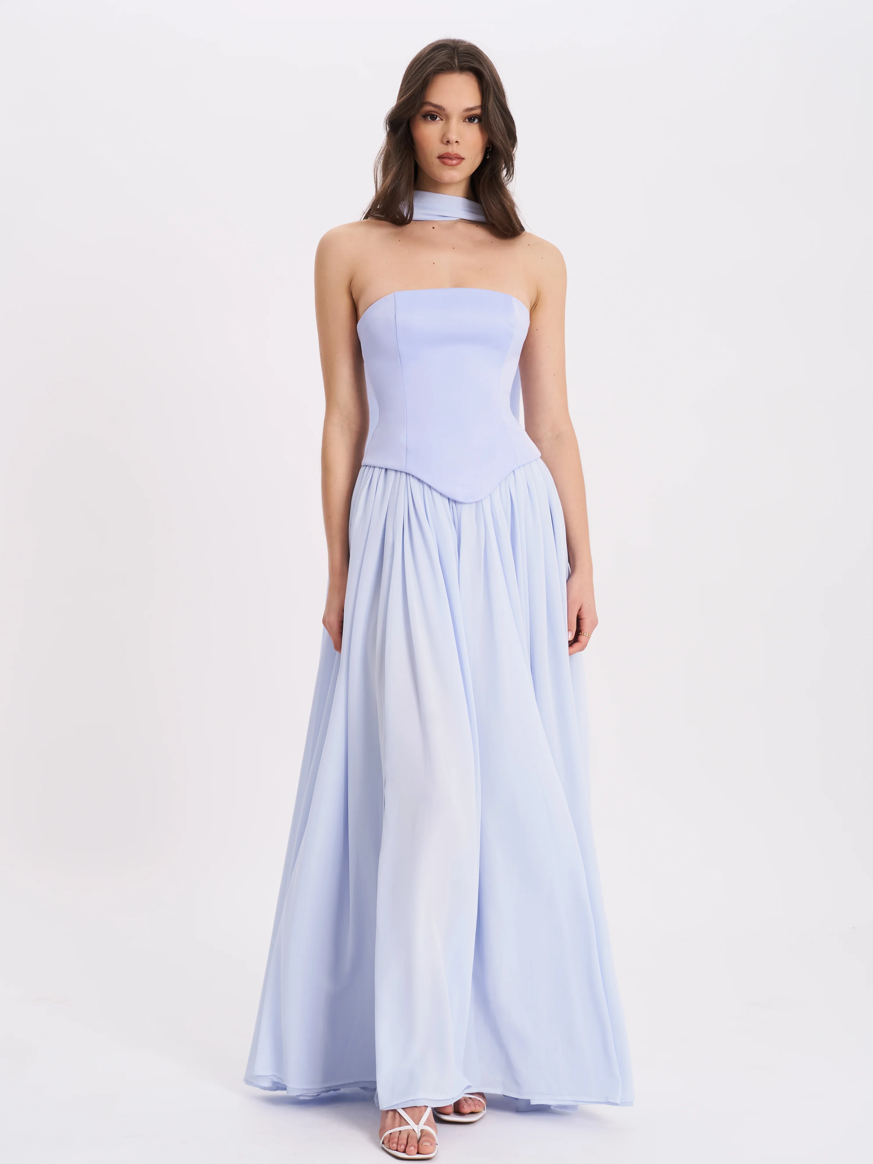 Qianna Baby Blue Peplum Top Drop Waist Chiffon Gown