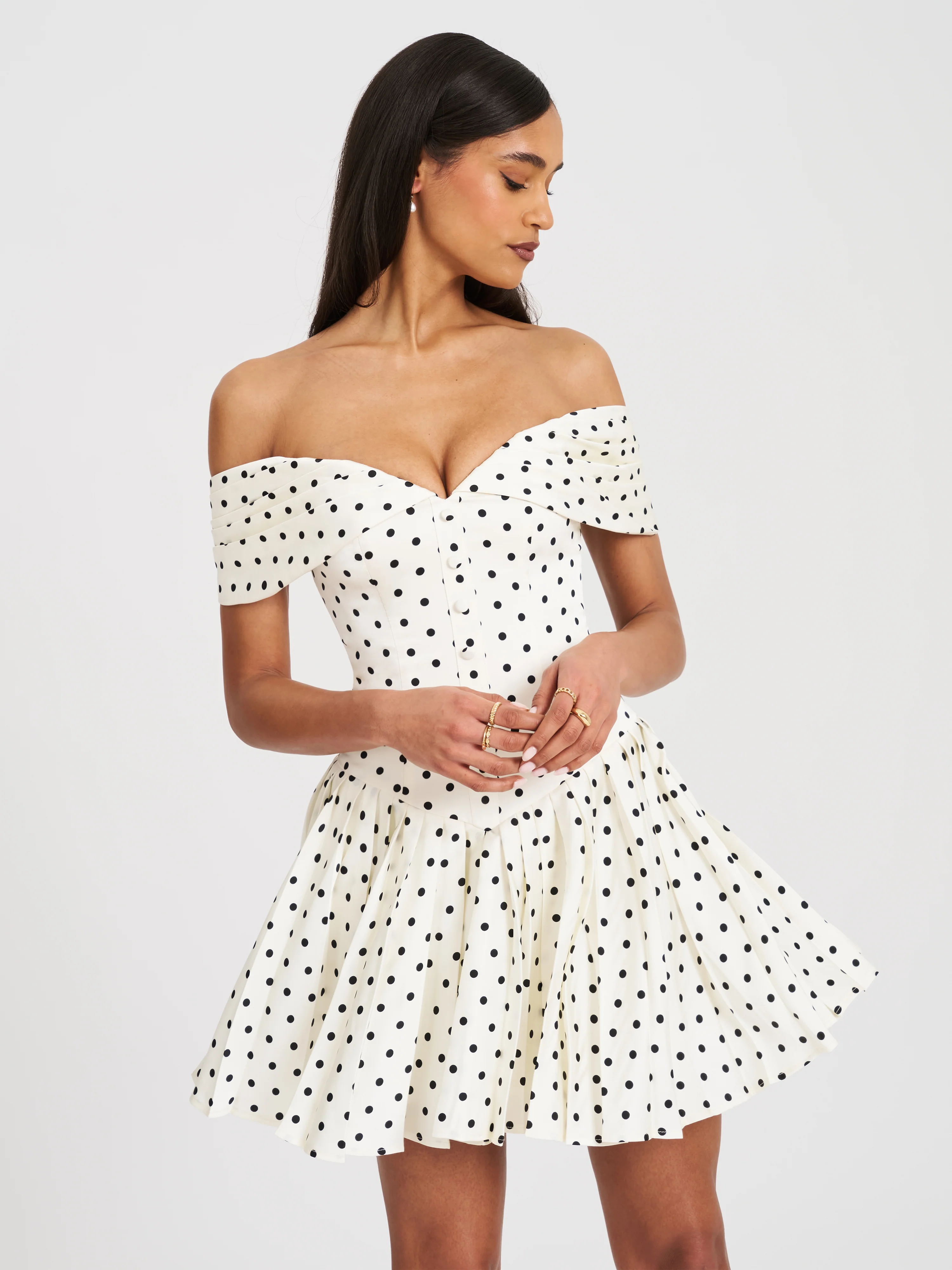 Edeline Polka Dot Off-shoulder Pleated Mini Dress