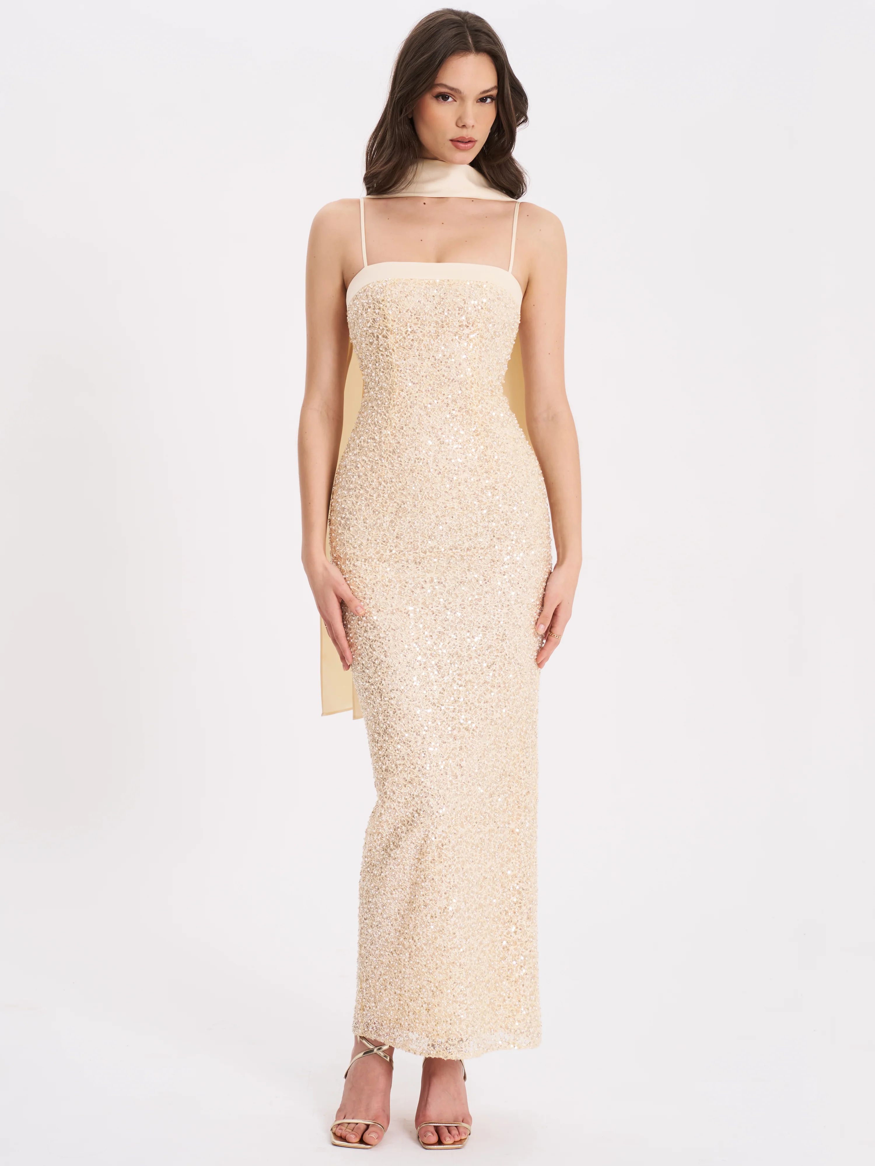 Raizel Gold Beaded Sequin Bodycon Gown with Scarf