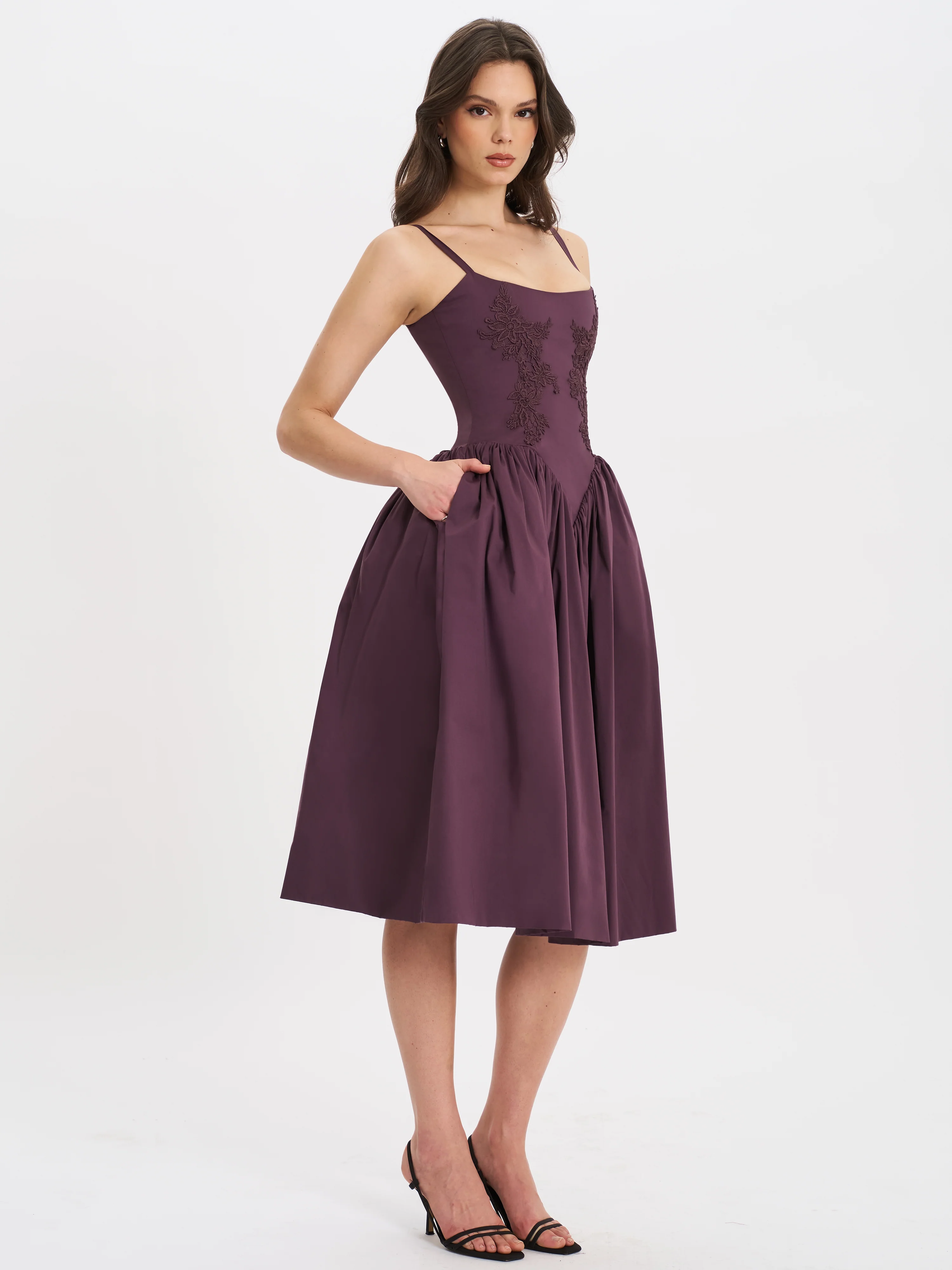Oakleigh Blackberry Purple Cotton Lace-up Back Midi Dress