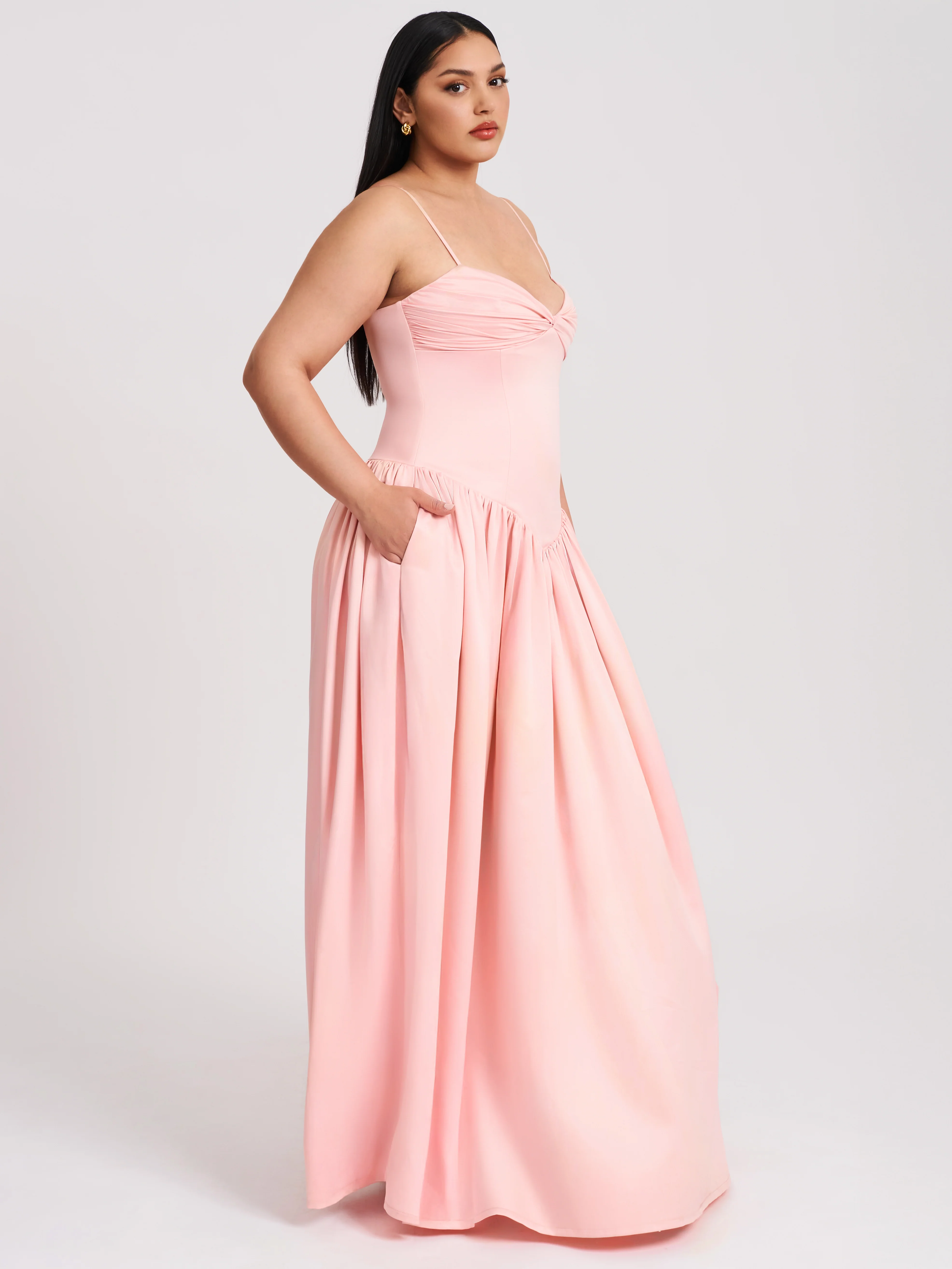Najwa Baby Pink Ruched Breast Drop Waist Maxi Dress