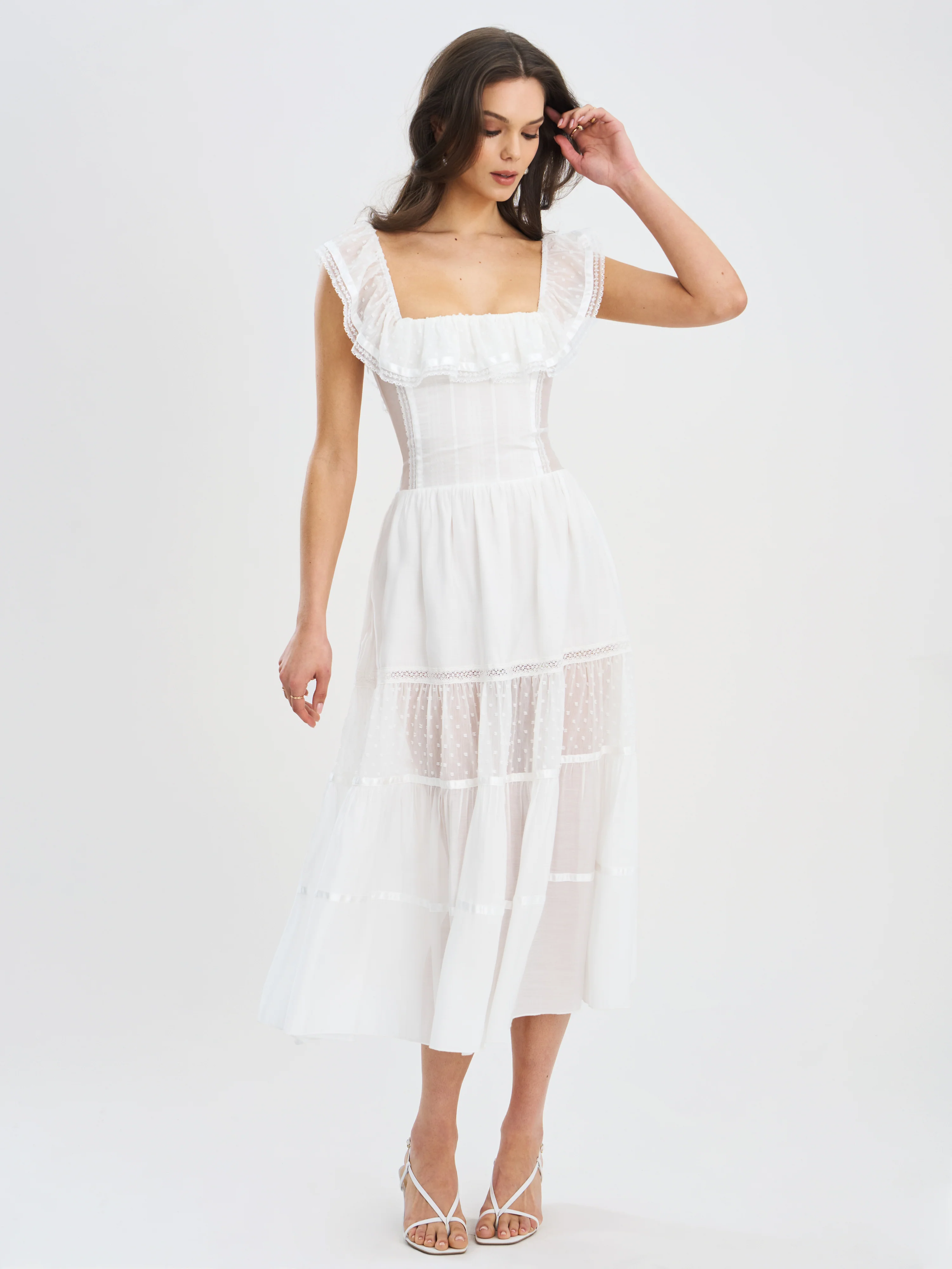 Eden Square Neck Ruffle Trim High Waist Midi Dress
