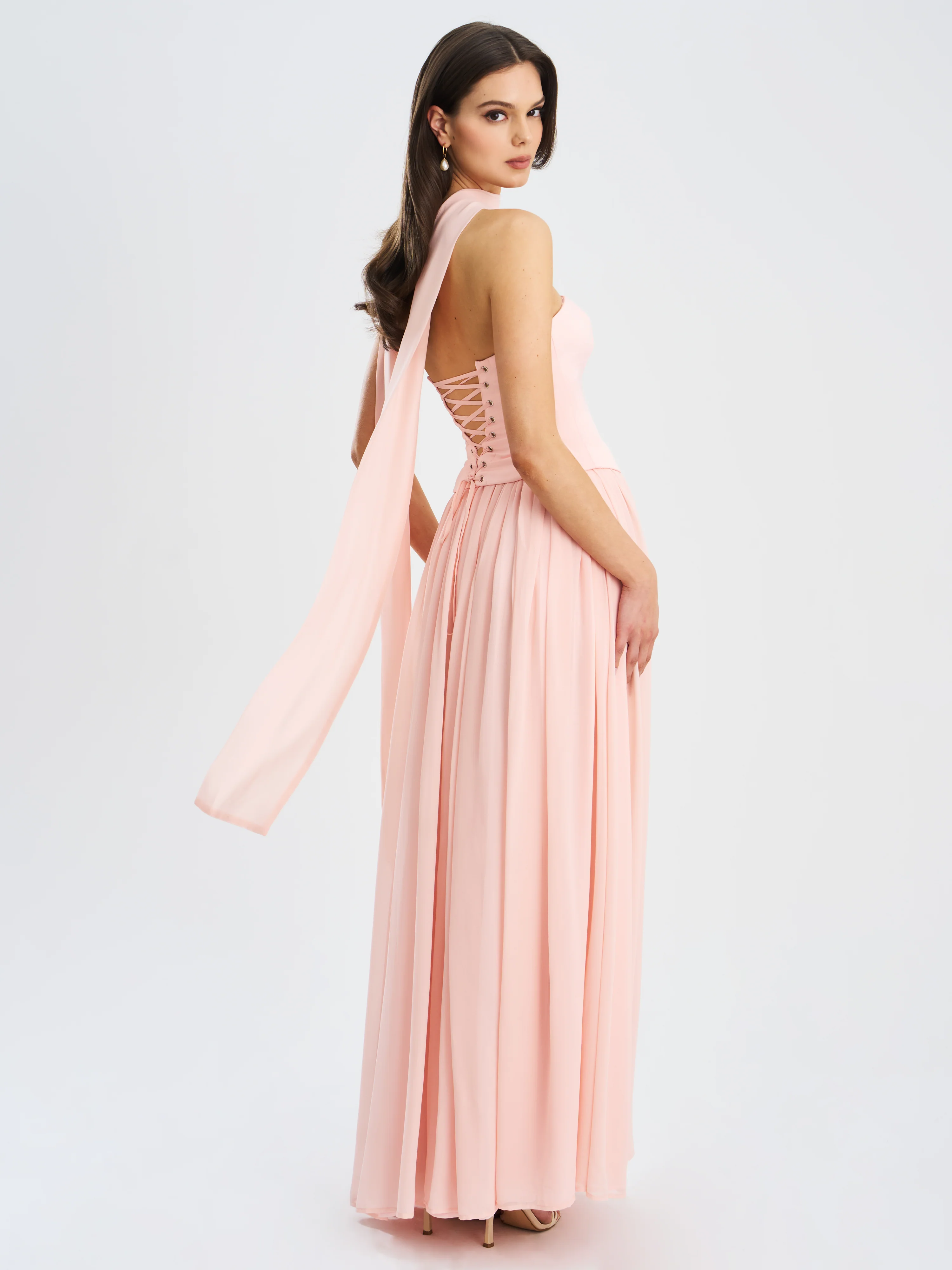 Qianna Baby Pink Peplum Top Drop Waist Chiffon Gown
