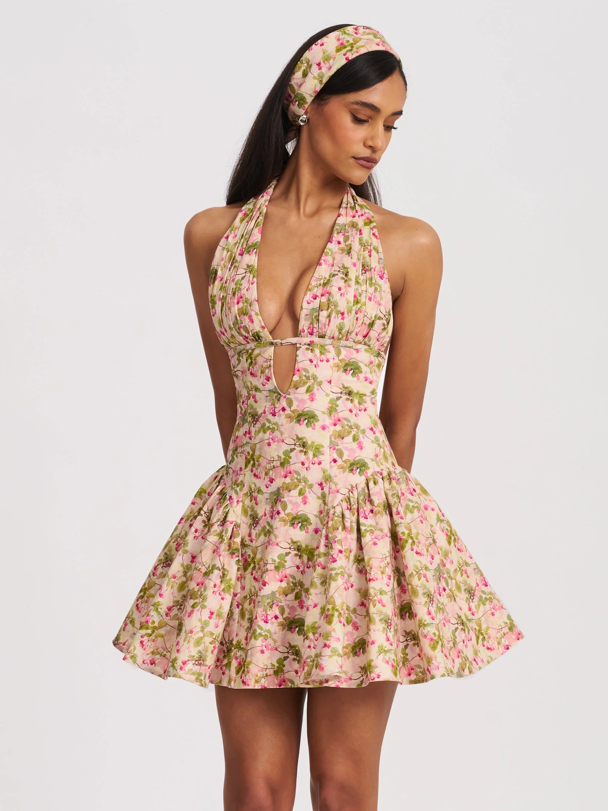 Spring Affair Green and Pink Floral Print Linen Head Scarf