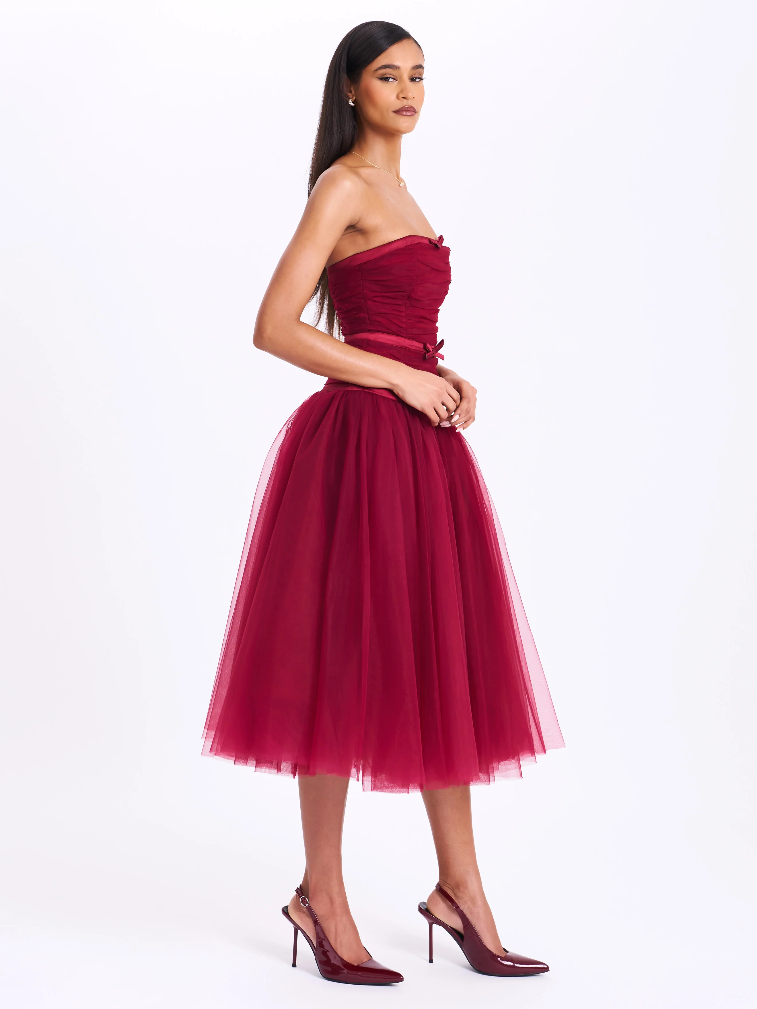 Mabel Burgundy Drop Waist Layered Mesh Midi Puffy Dress with Bow