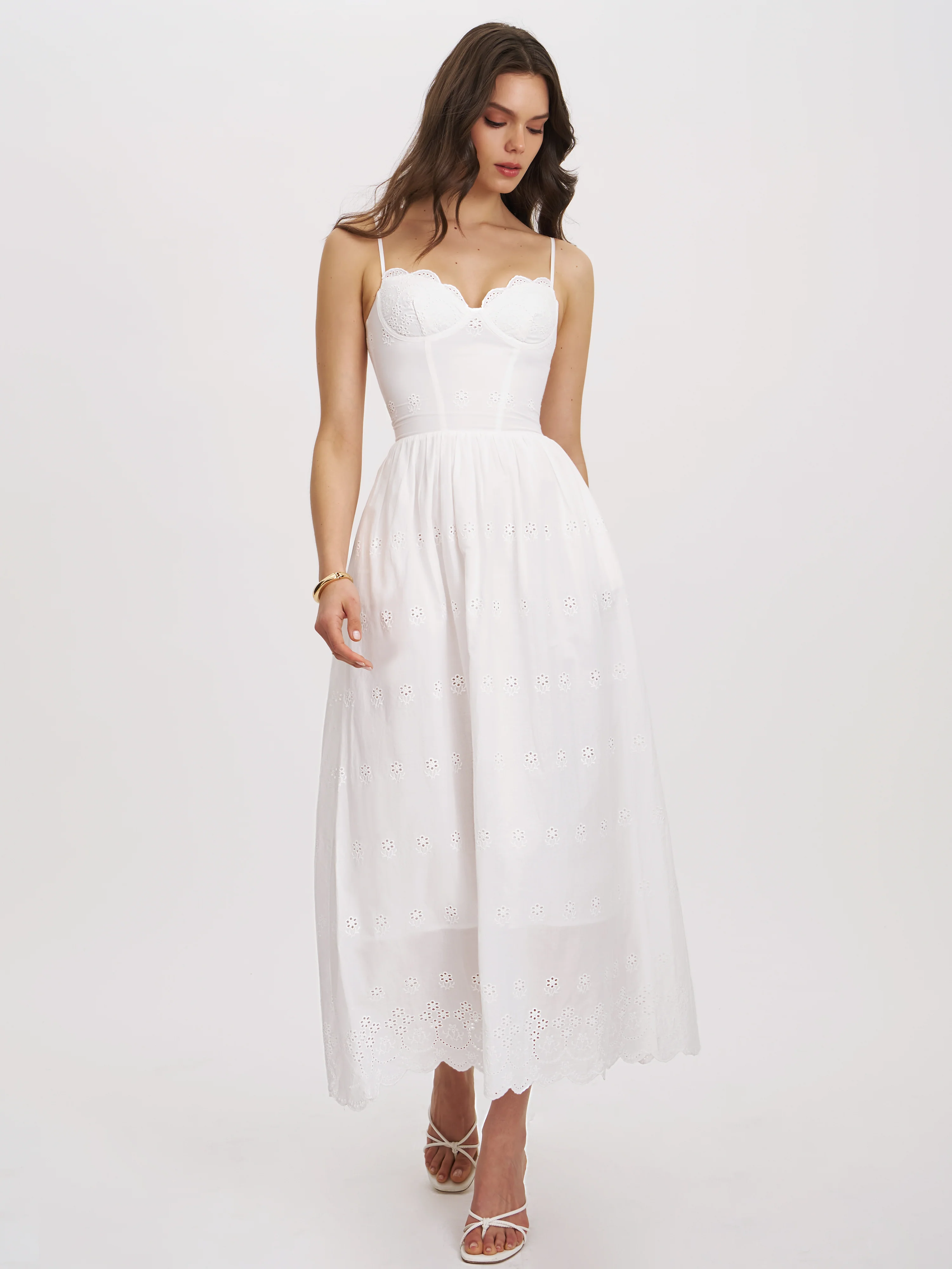 Oberon White Cotton Eyelet Lace-Up Back Maxi Dress