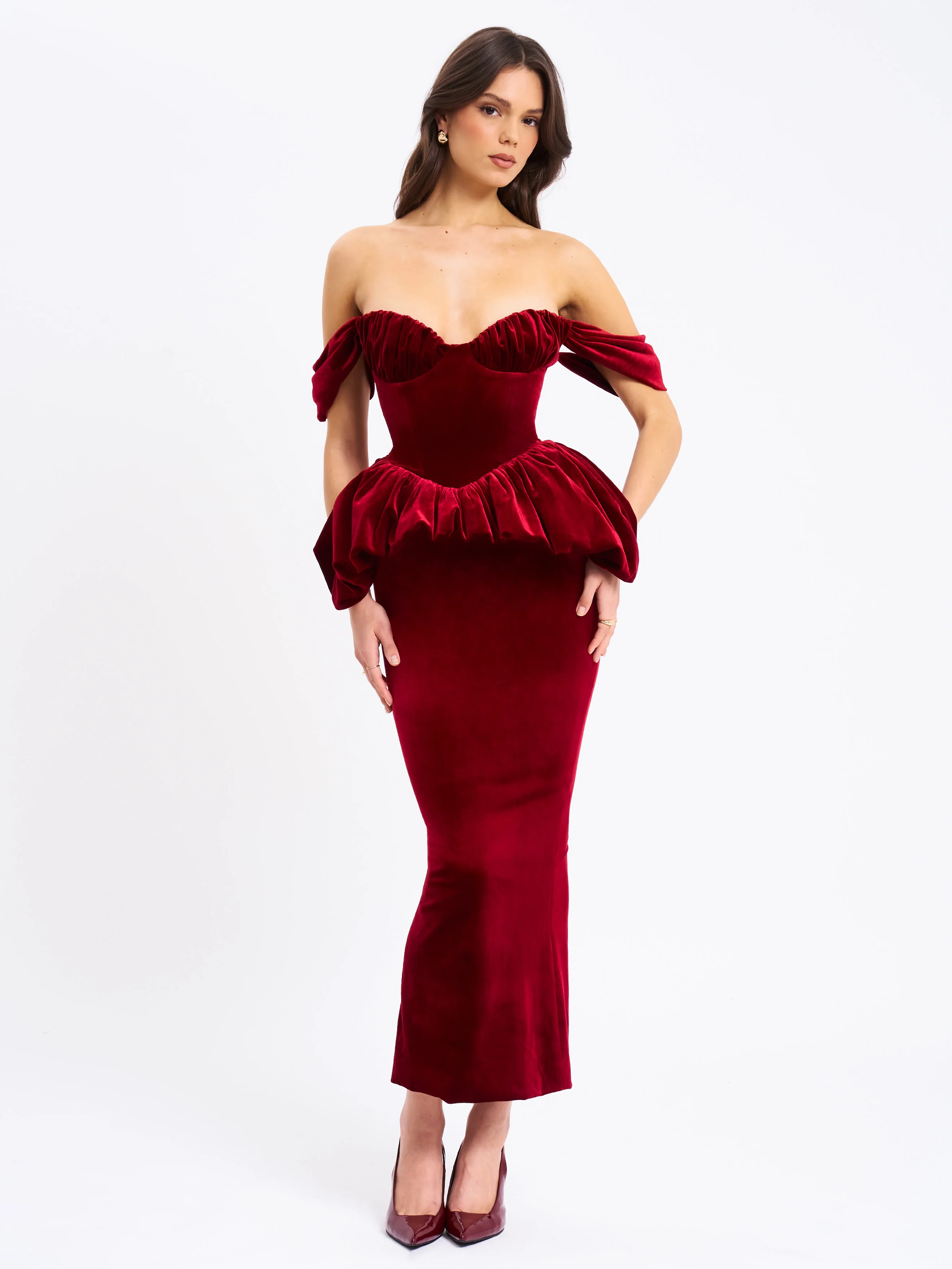Abigail Velvet Off Shoulder Bubble Hem Peplum Maxi Dress