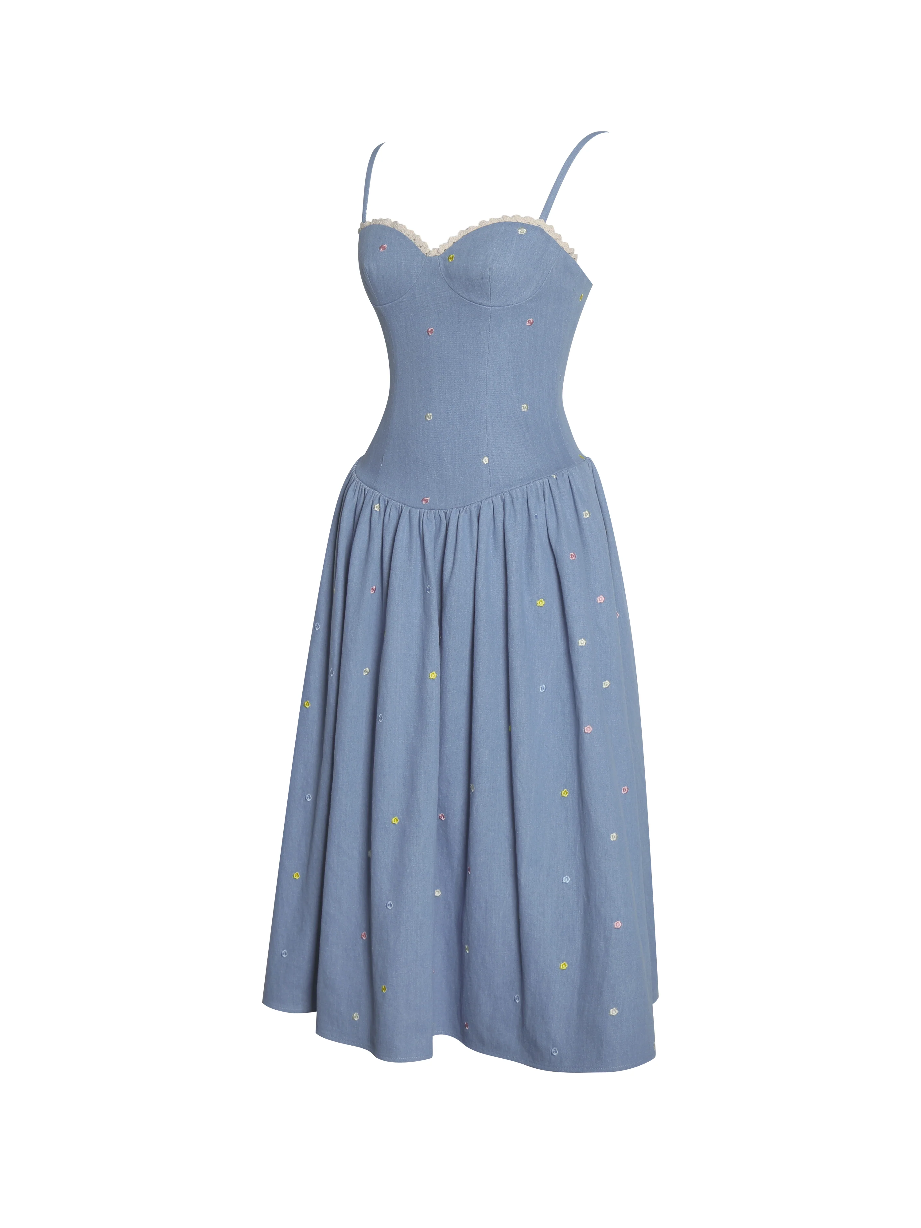 Zadie Cotton Denim Drop Waist Embroidery Flower Midi Dress