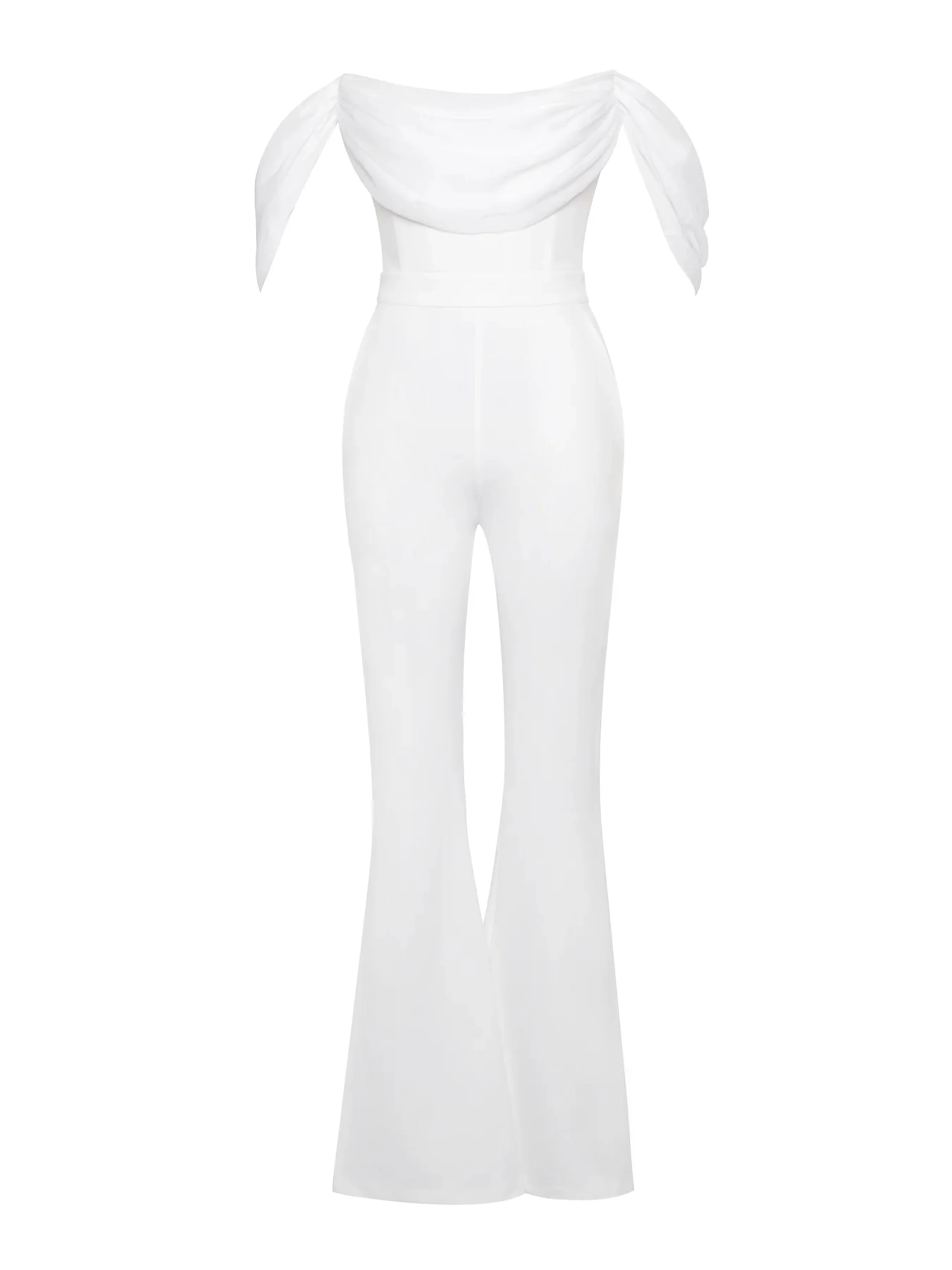 Sherlyn White Off Shoulder Flared Crepe Jumpsuit