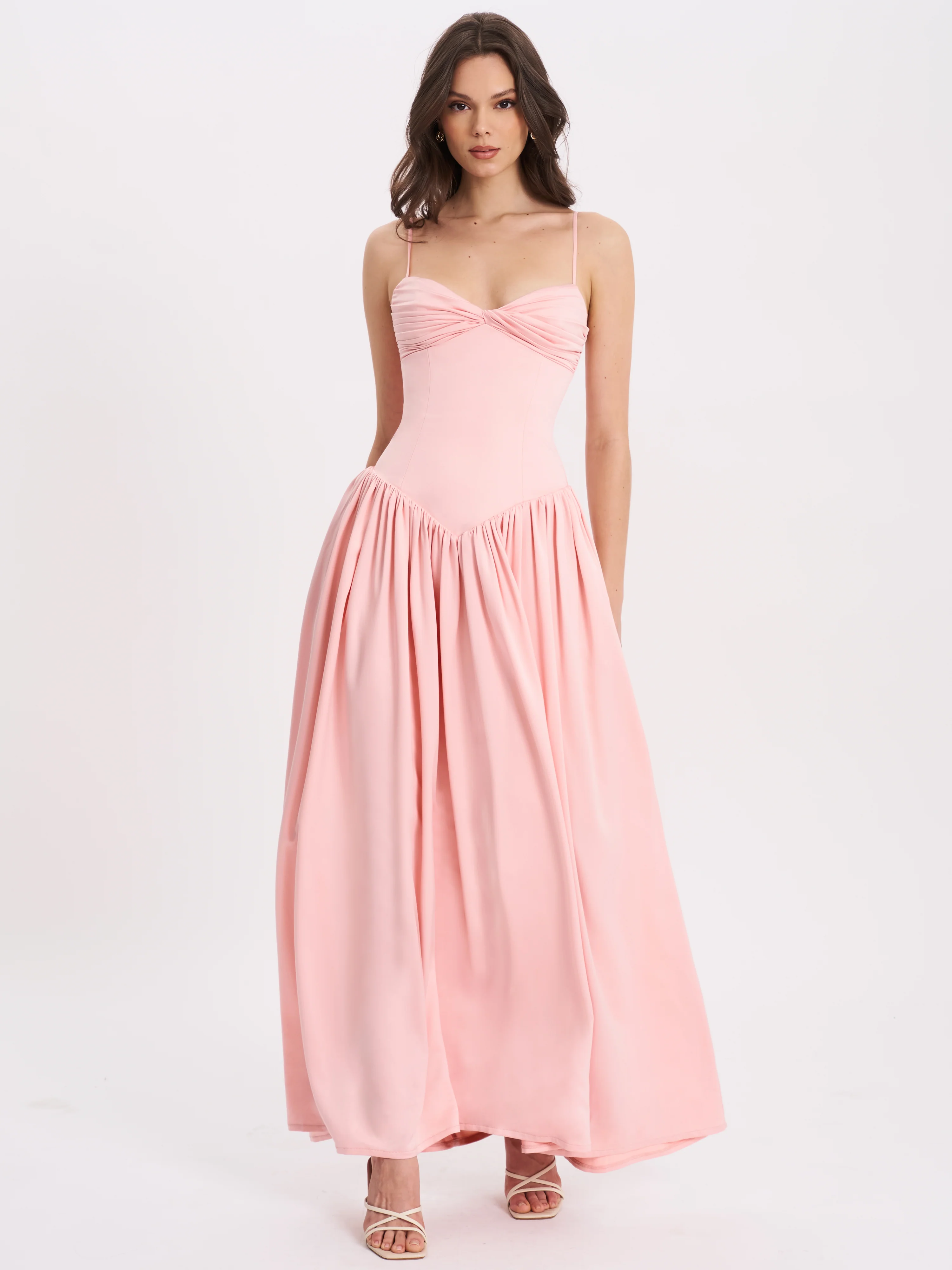 Najwa Baby Pink Ruched Breast Drop Waist Maxi Dress