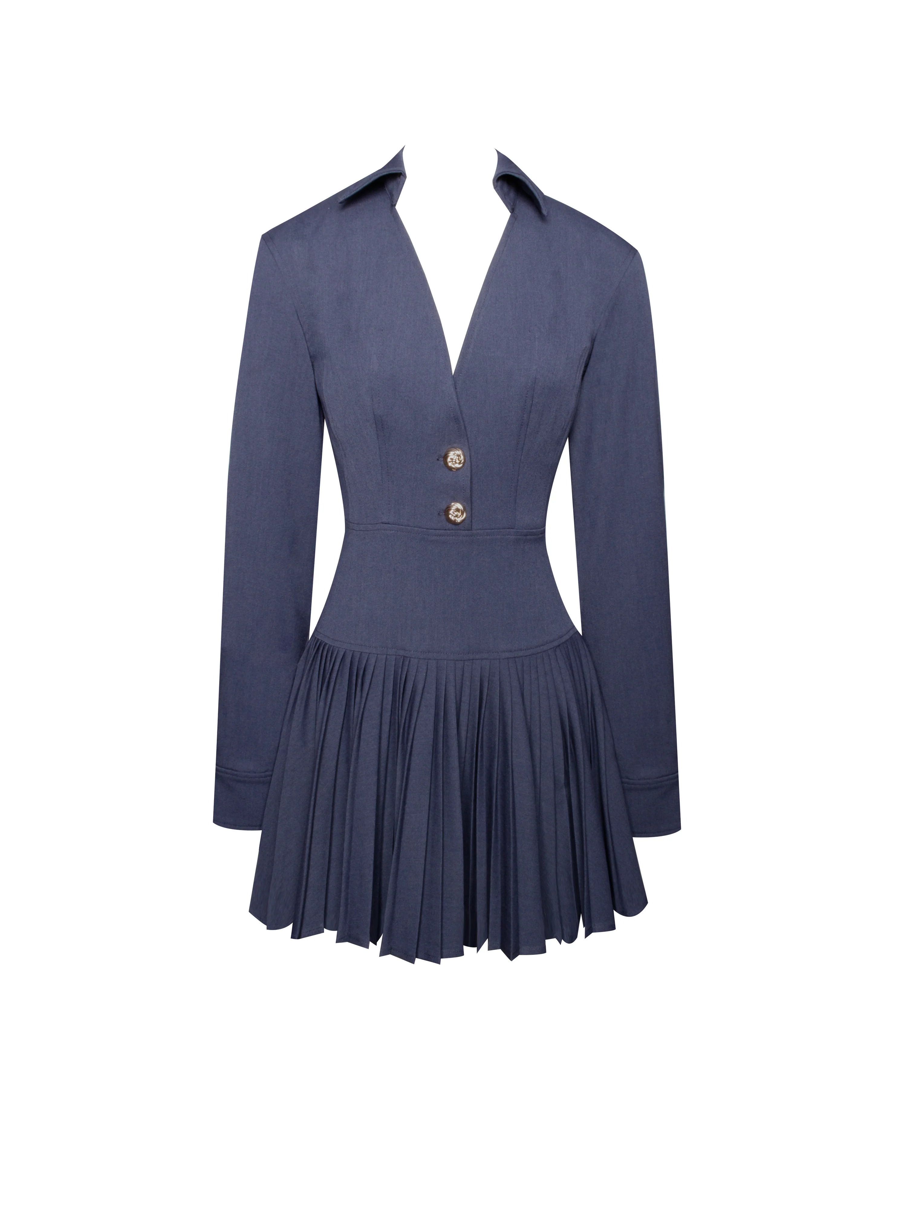 Valarie Navy Blue Denim Style Pleated Mini Dress