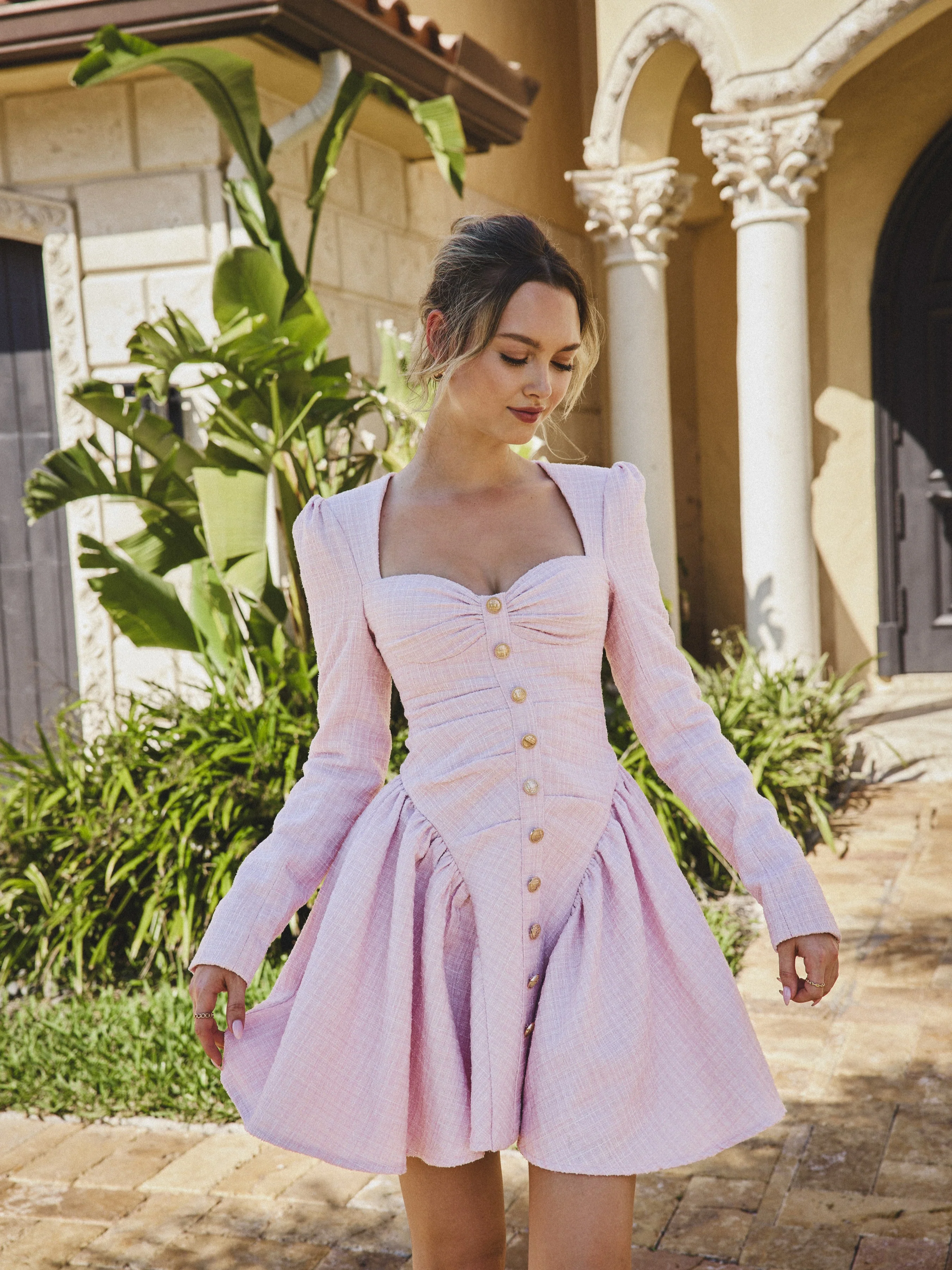 Tae Pink Tweed Long Sleeve Drop Waist Mini Dress