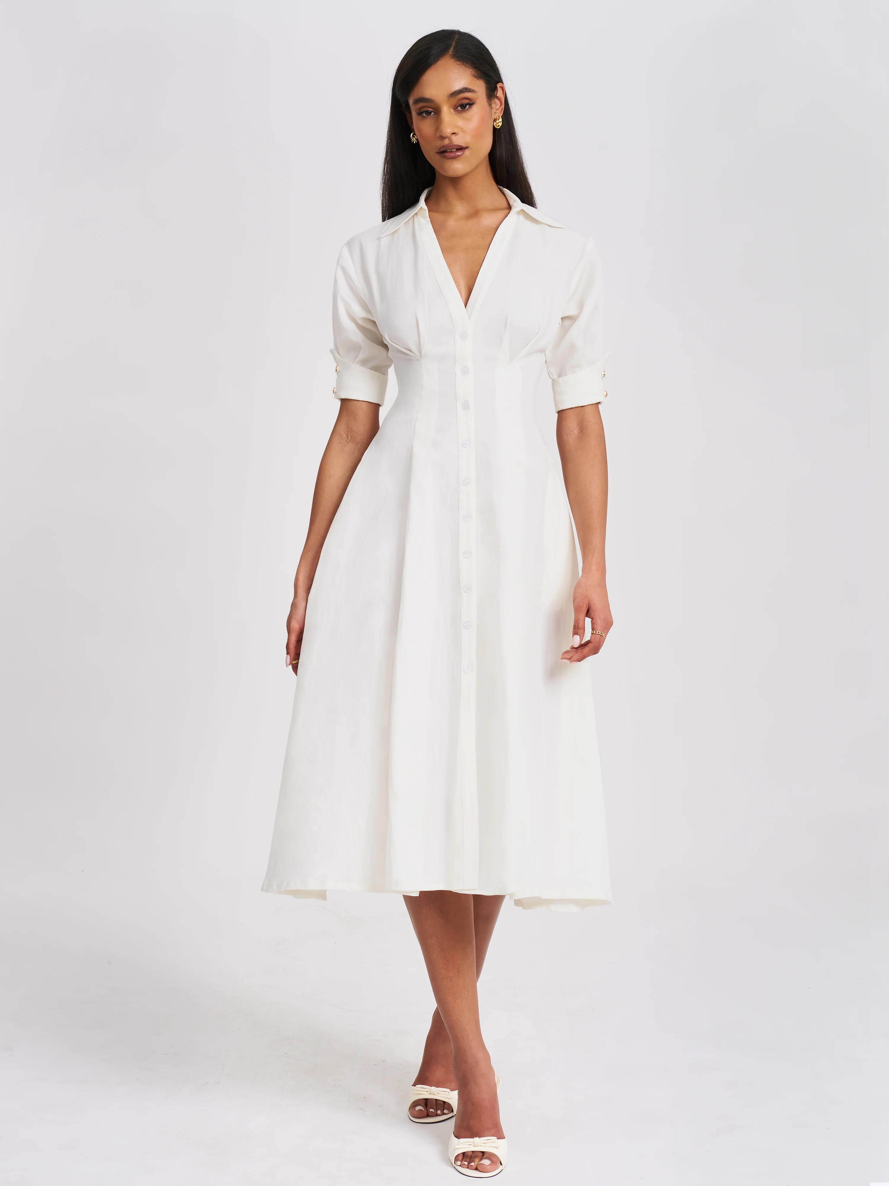 Palina Lyocell Pleated Midi Preppy Shirt Dress