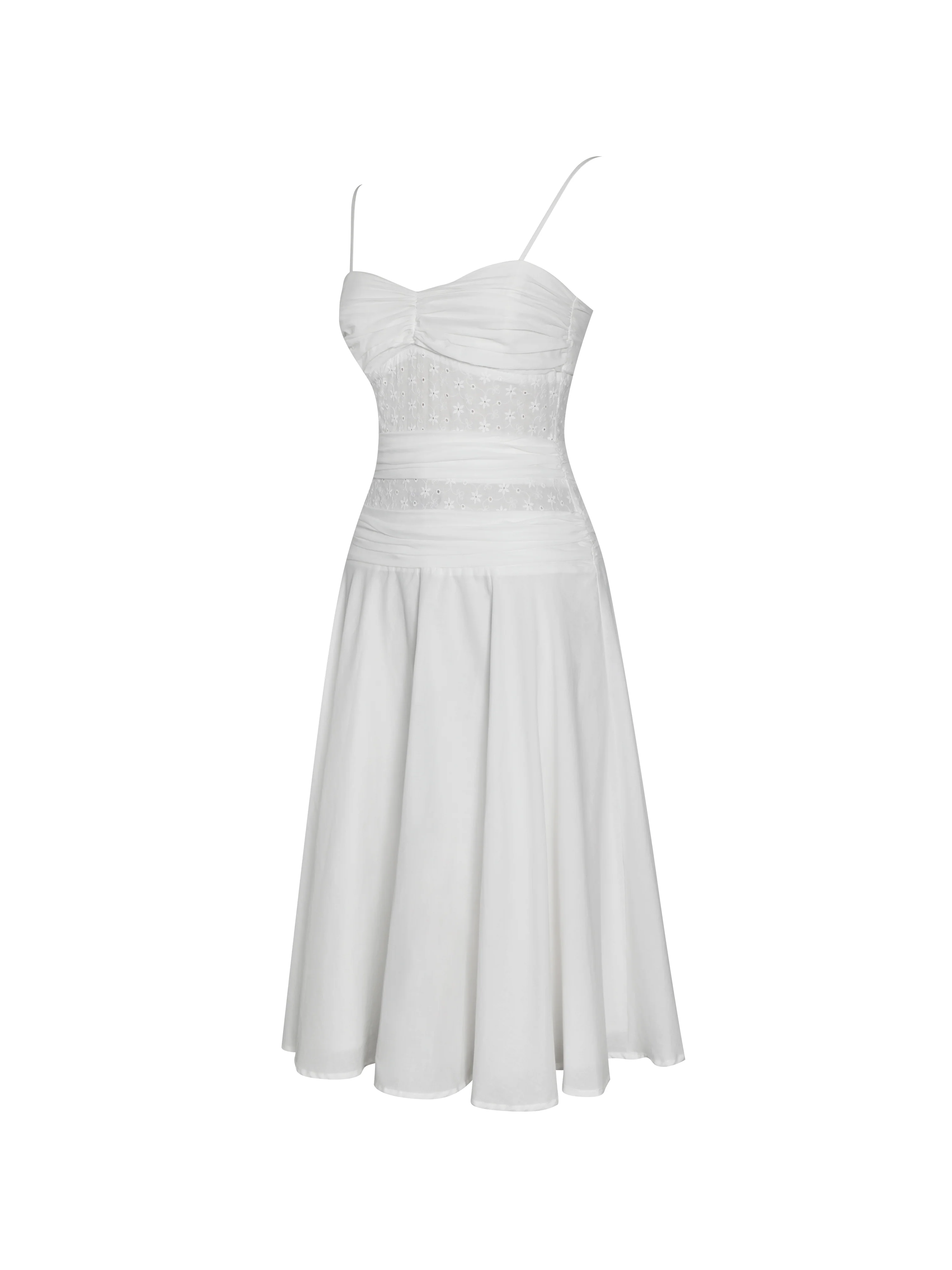 Maelis White Eyelet Drop Waist Cotton Midi Dress