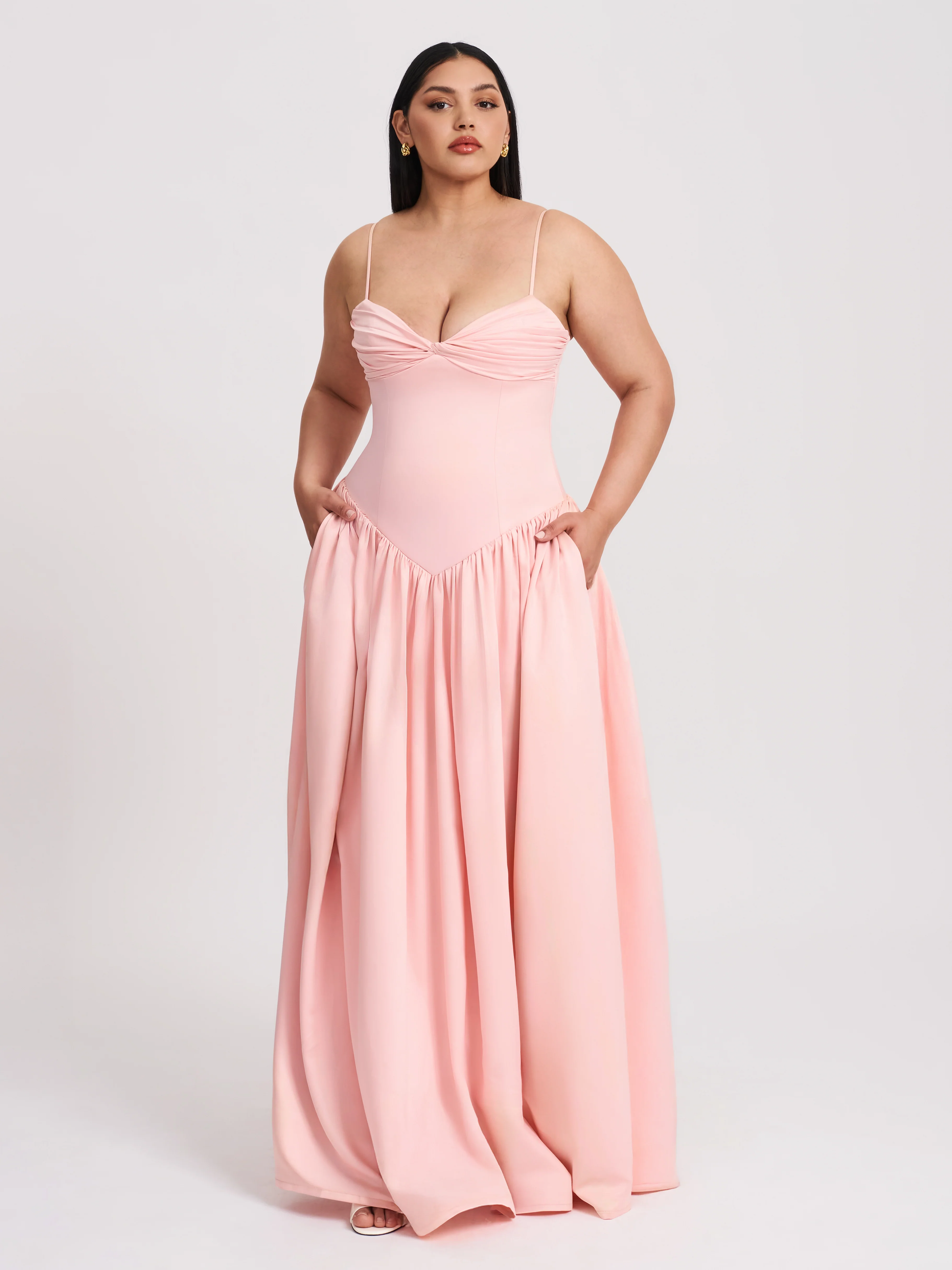 Najwa Baby Pink Ruched Breast Drop Waist Maxi Dress