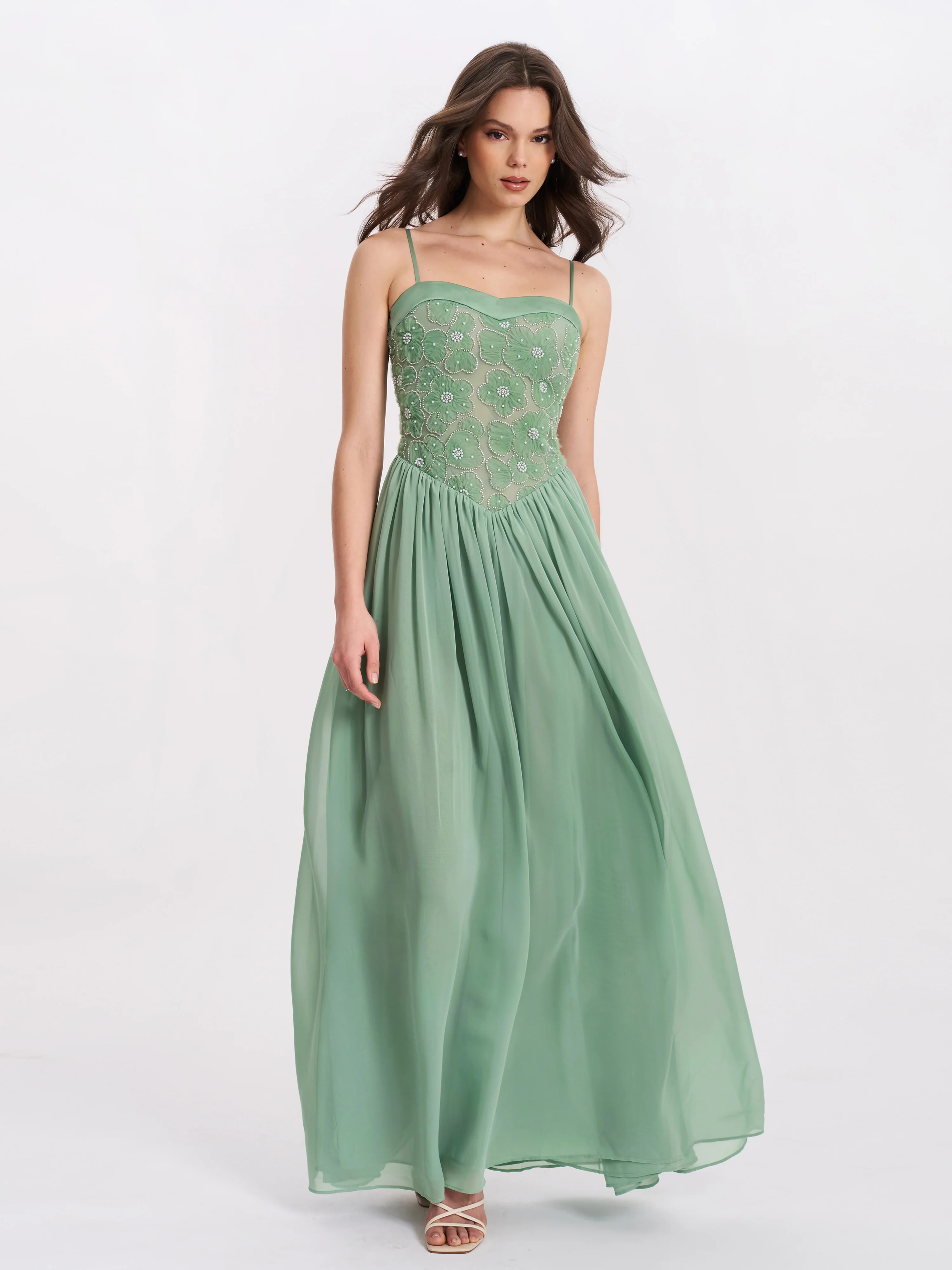Ucille Sage Green Embroidered Chiffon Maxi Dress