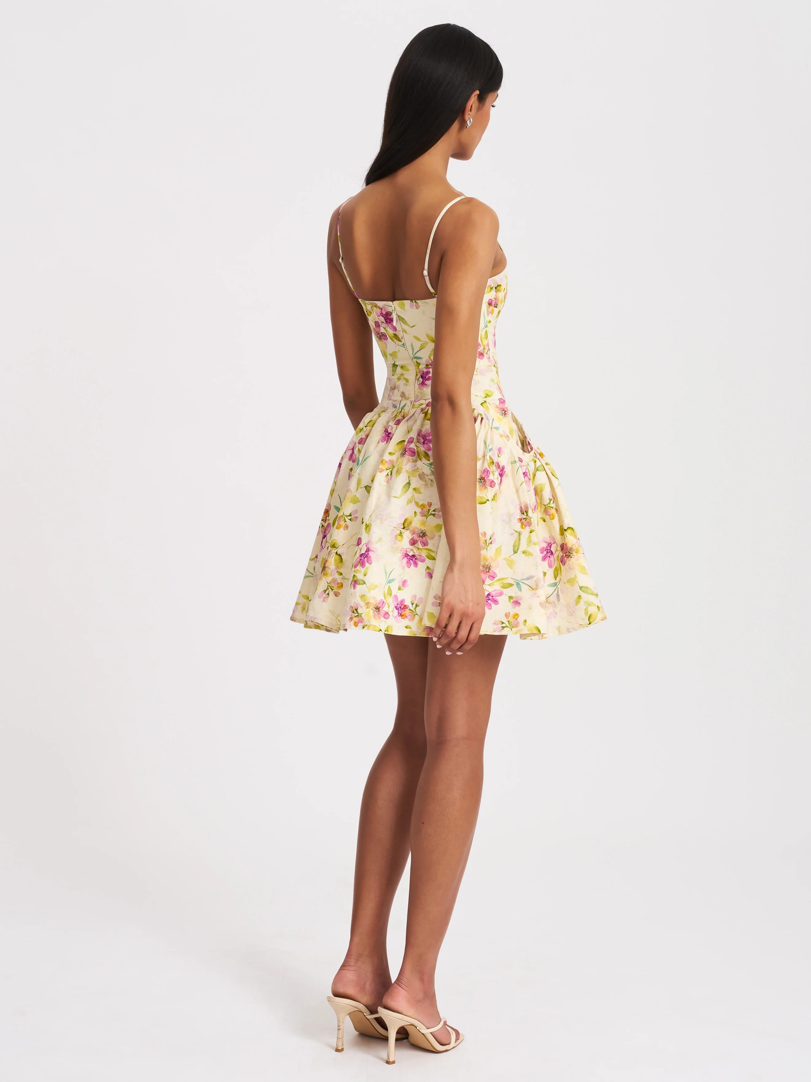 Valda Yellow and Pink Print Linen Mini Dress with Pockets