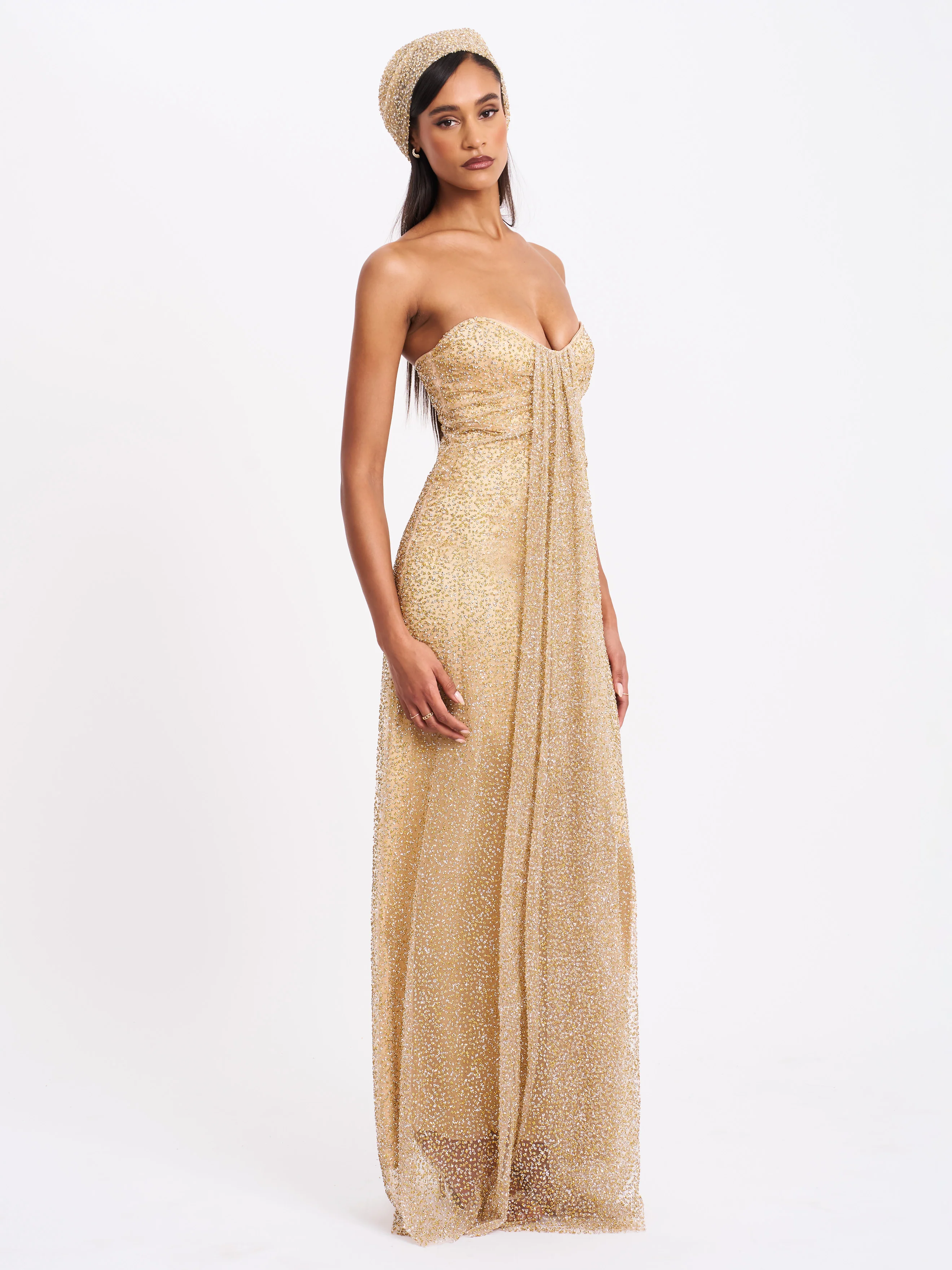 Ada Gold Rhinestone Embellished Strapless Gown with Head Scarf