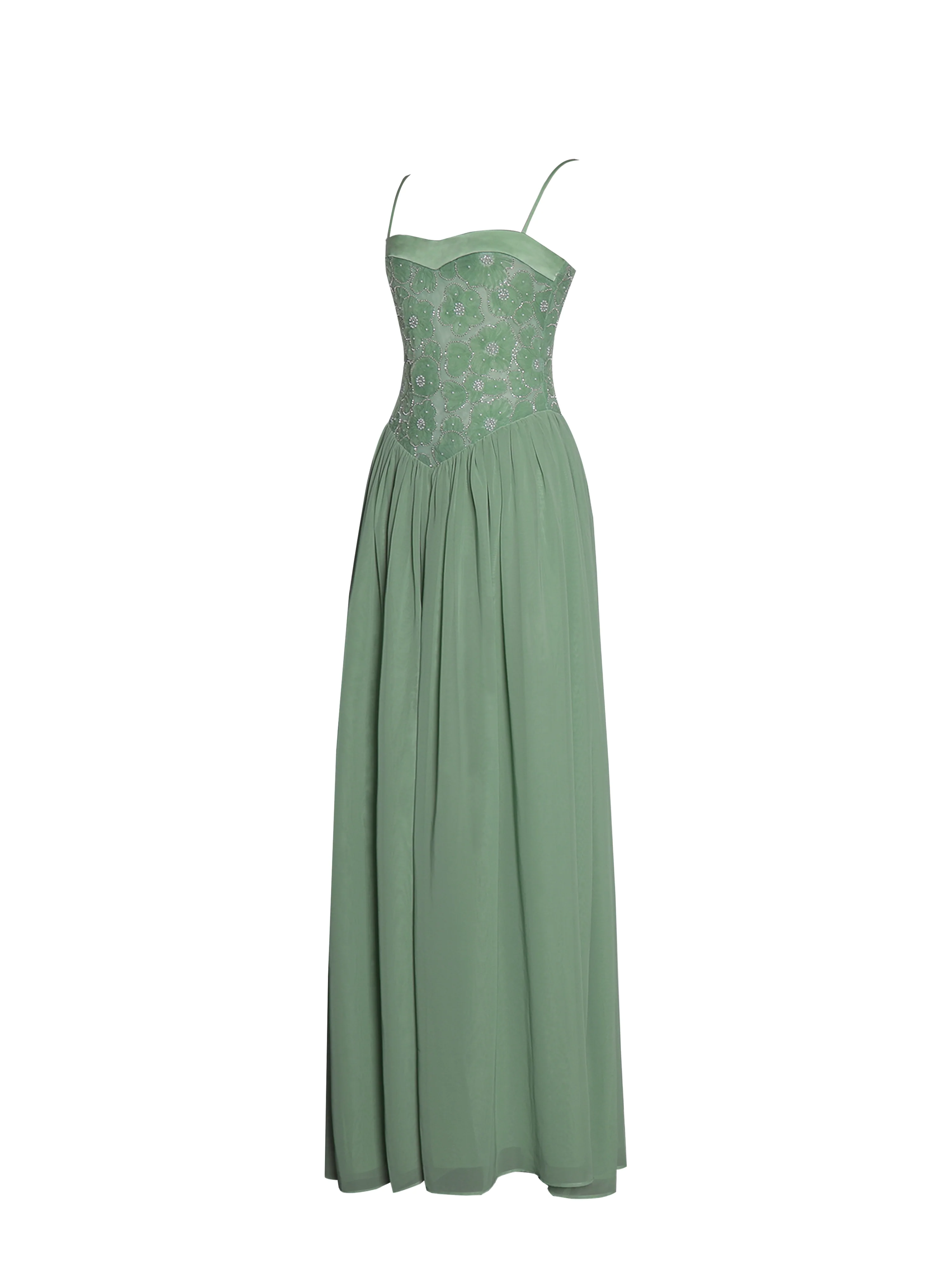 Ucille Sage Green Embroidered Chiffon Maxi Dress