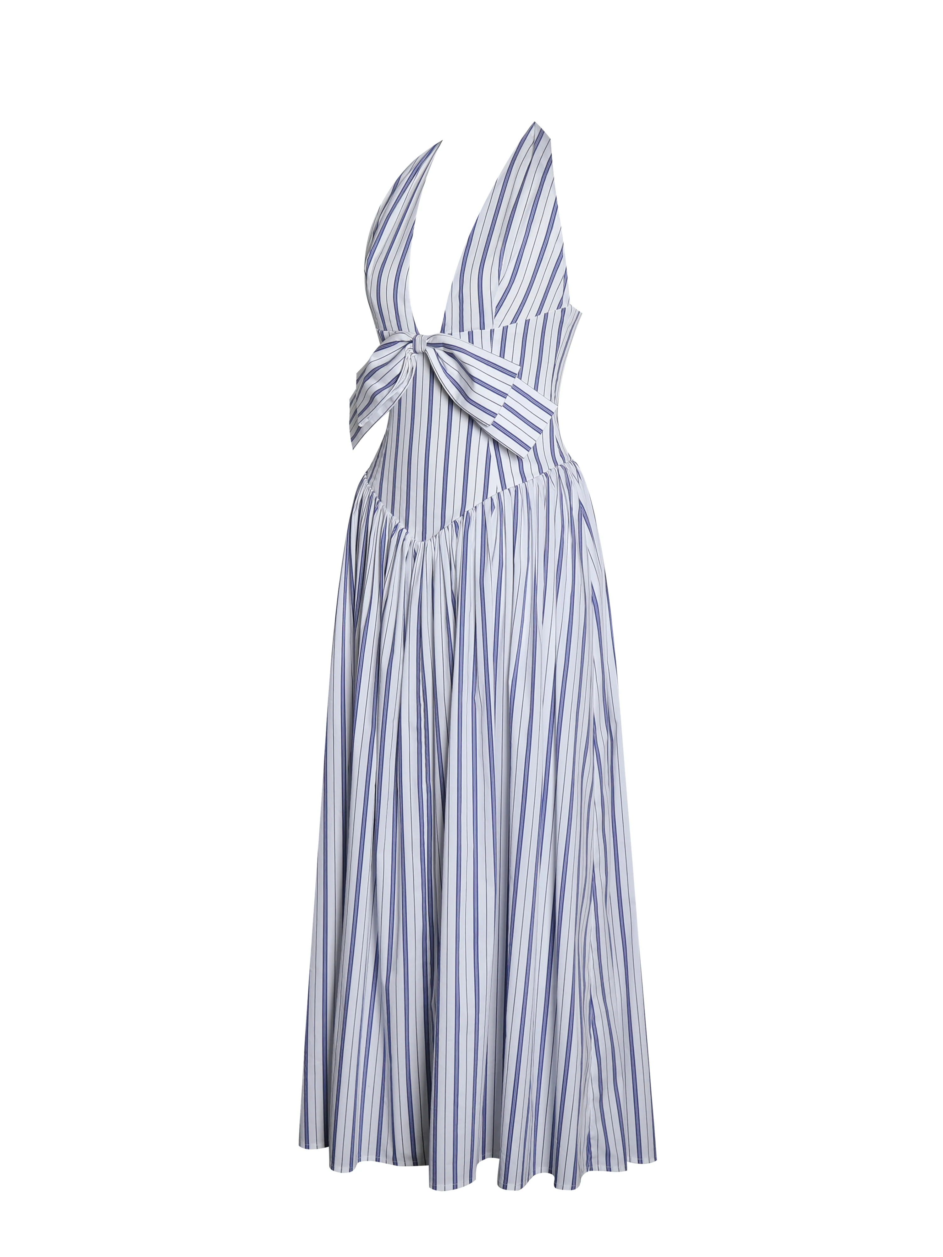 Mackenna Navy Stripe Halter Smock Back Maxi Dress