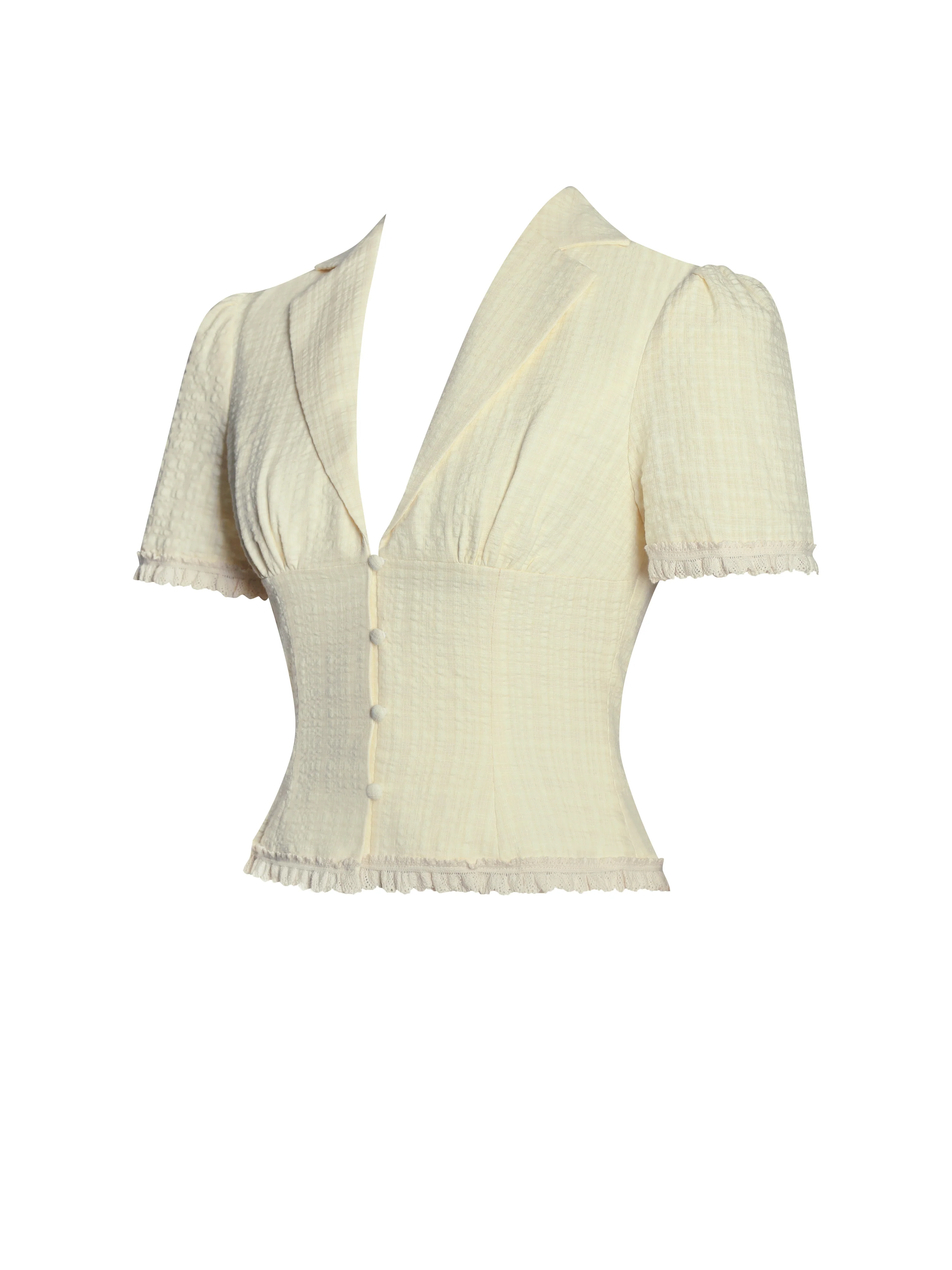 Odelia Yellow Lace Trim Seersucker Button Up Top