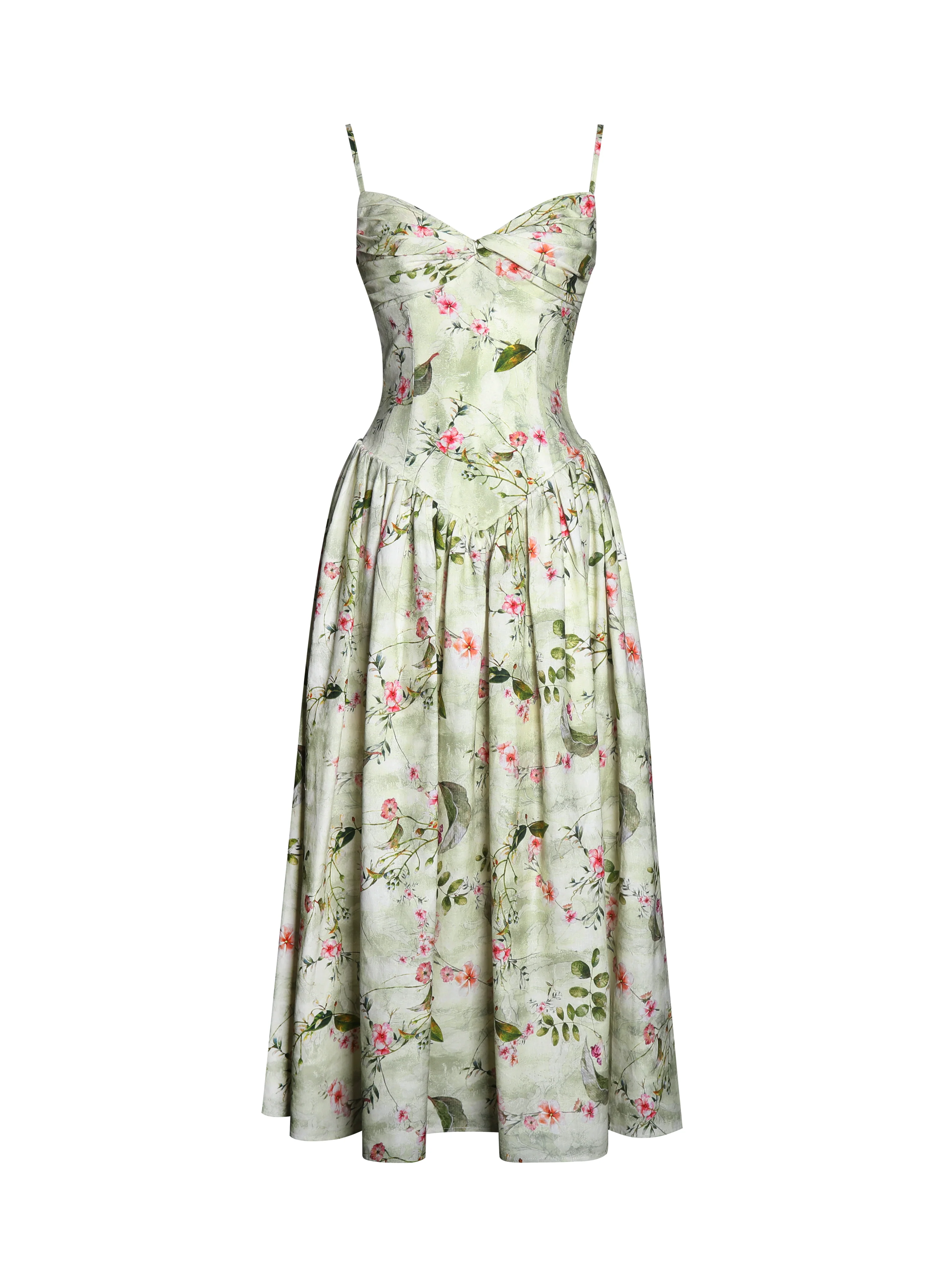 Jacinda Green Floral Print Ruched Breast Linen Midi Dress