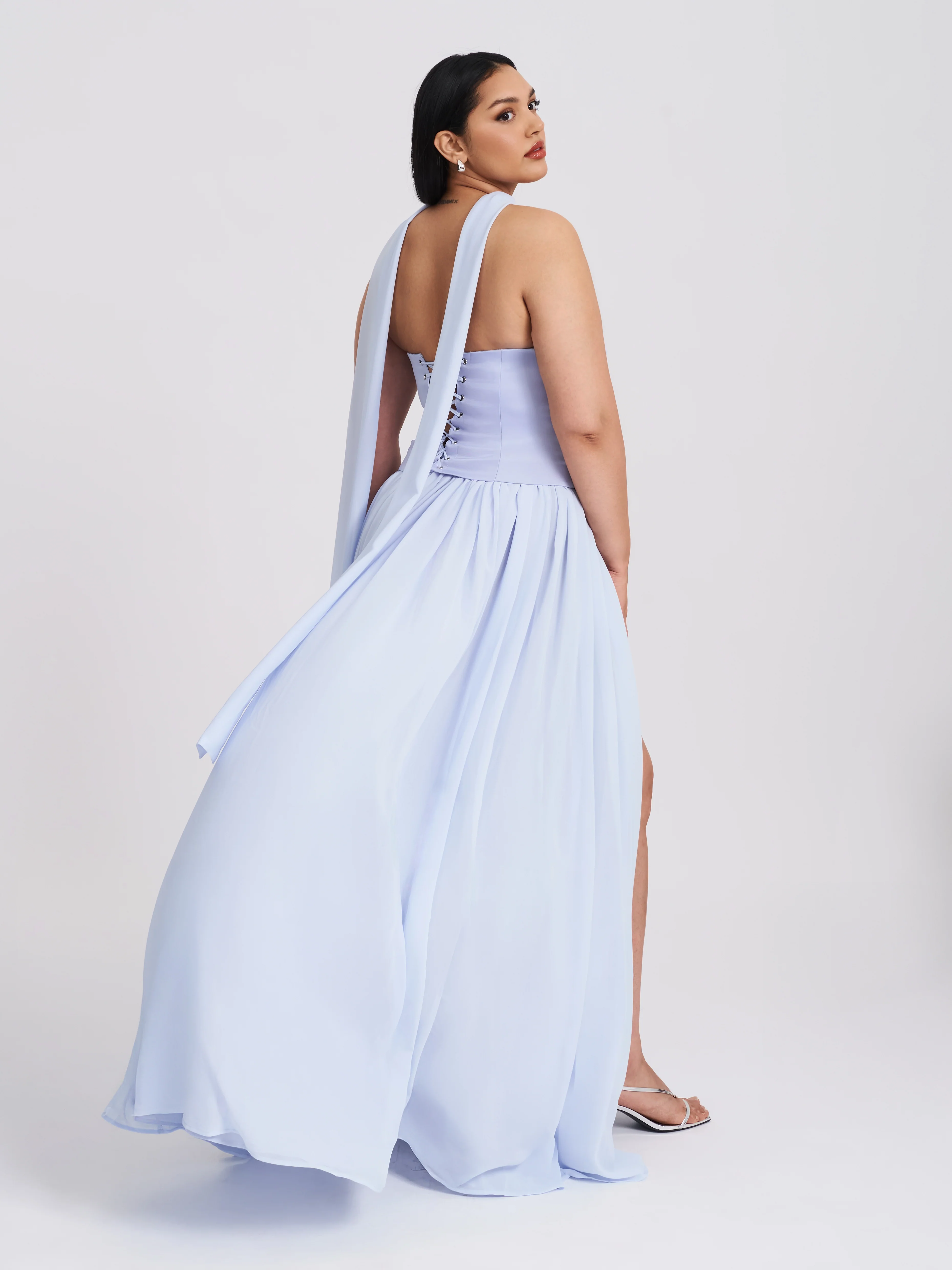 Qianna Baby Blue Peplum Top Drop Waist Chiffon Gown