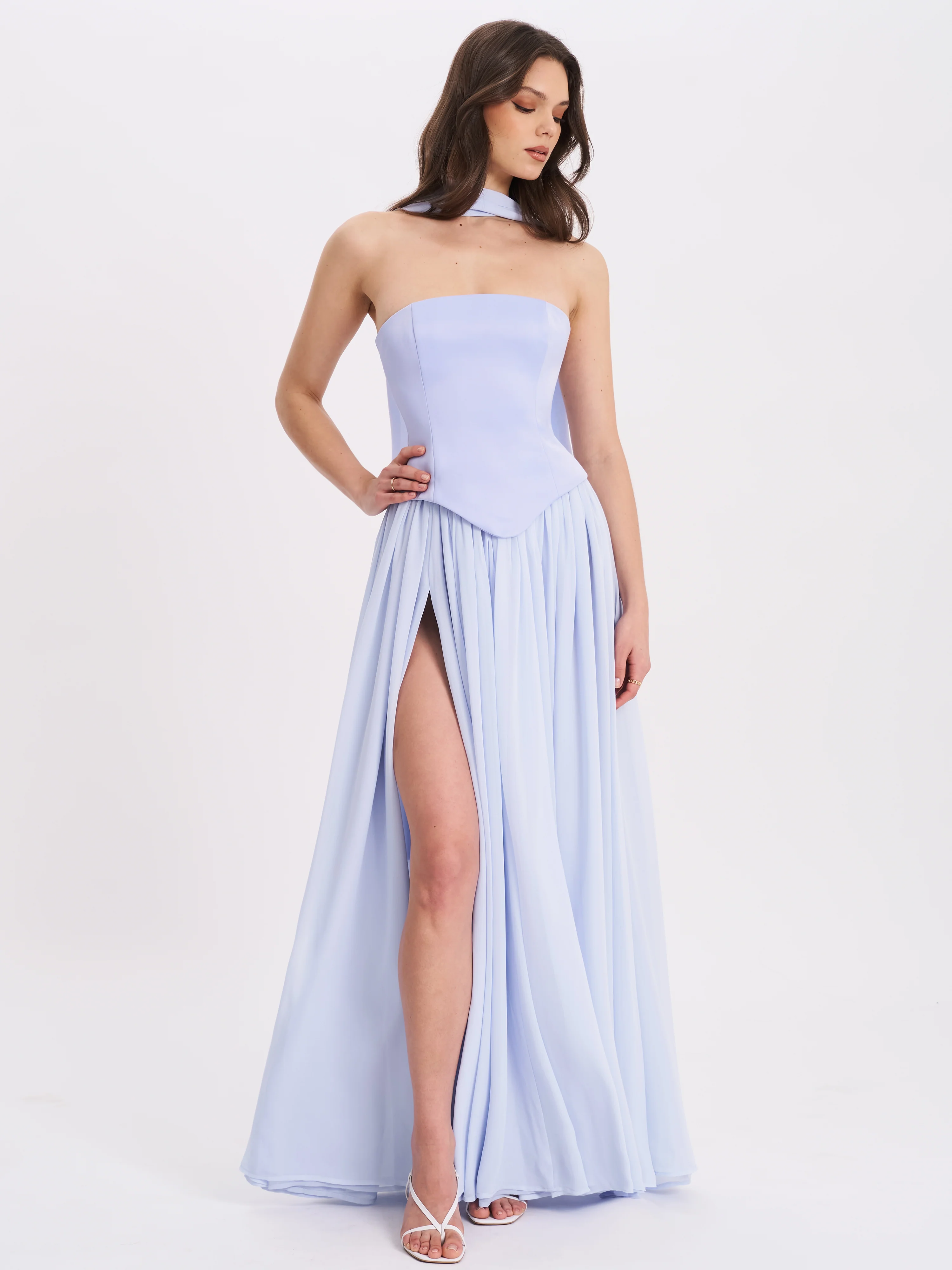 Qianna Baby Blue Peplum Top Drop Waist Chiffon Gown