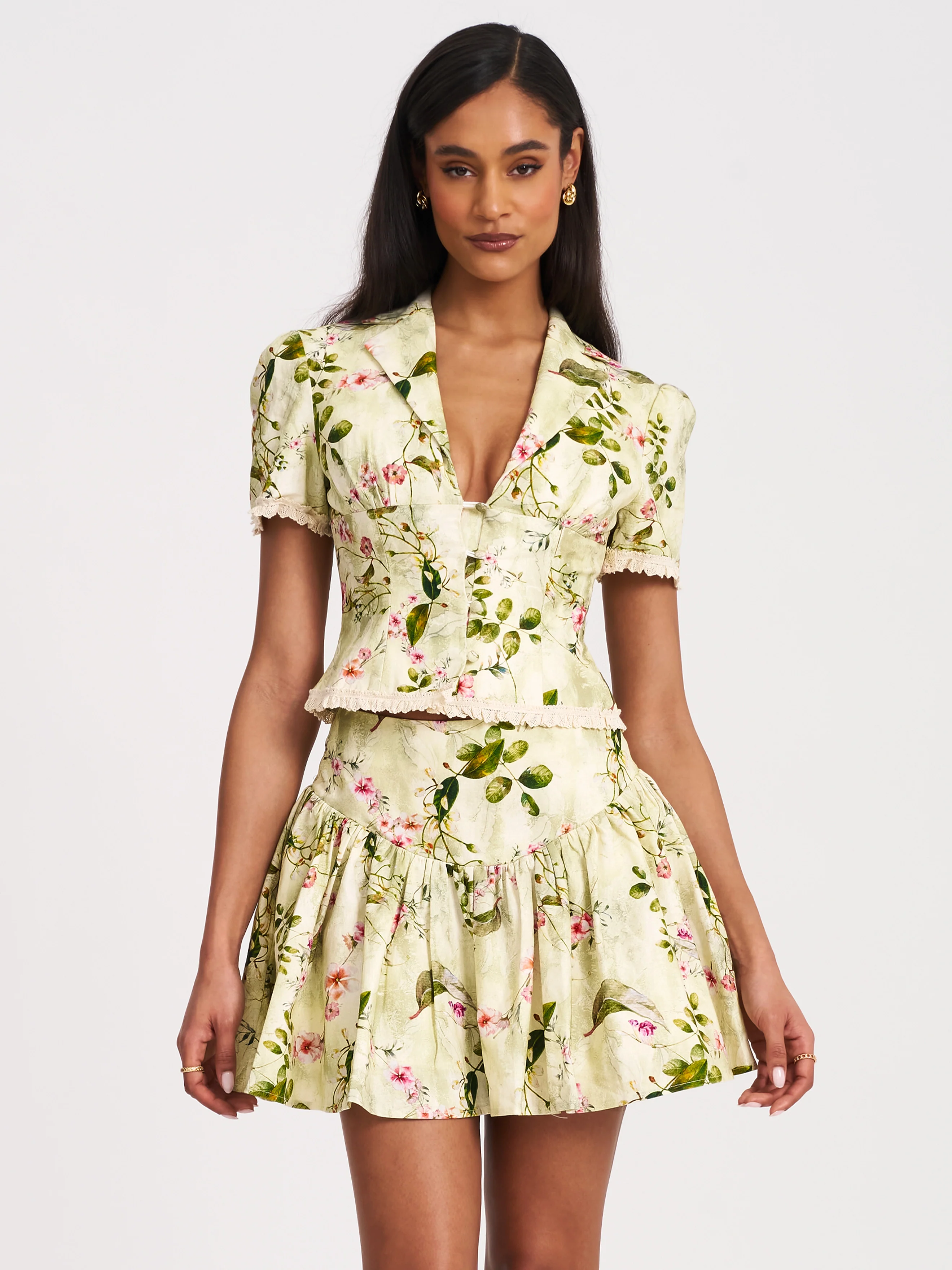 Zanelle Green Floral Print Drop Waist Linen Full Skirt