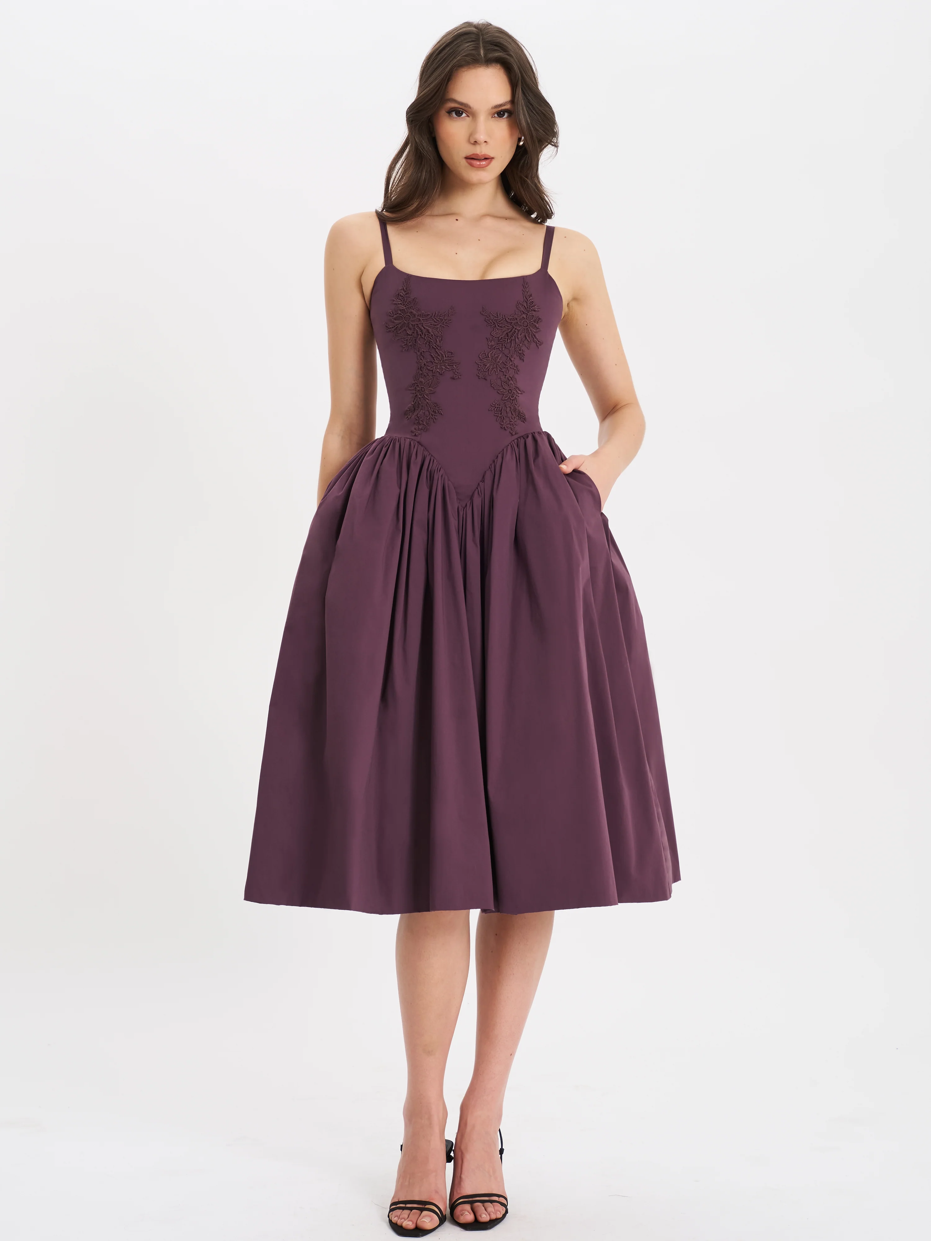 Oakleigh Blackberry Purple Cotton Lace-up Back Midi Dress