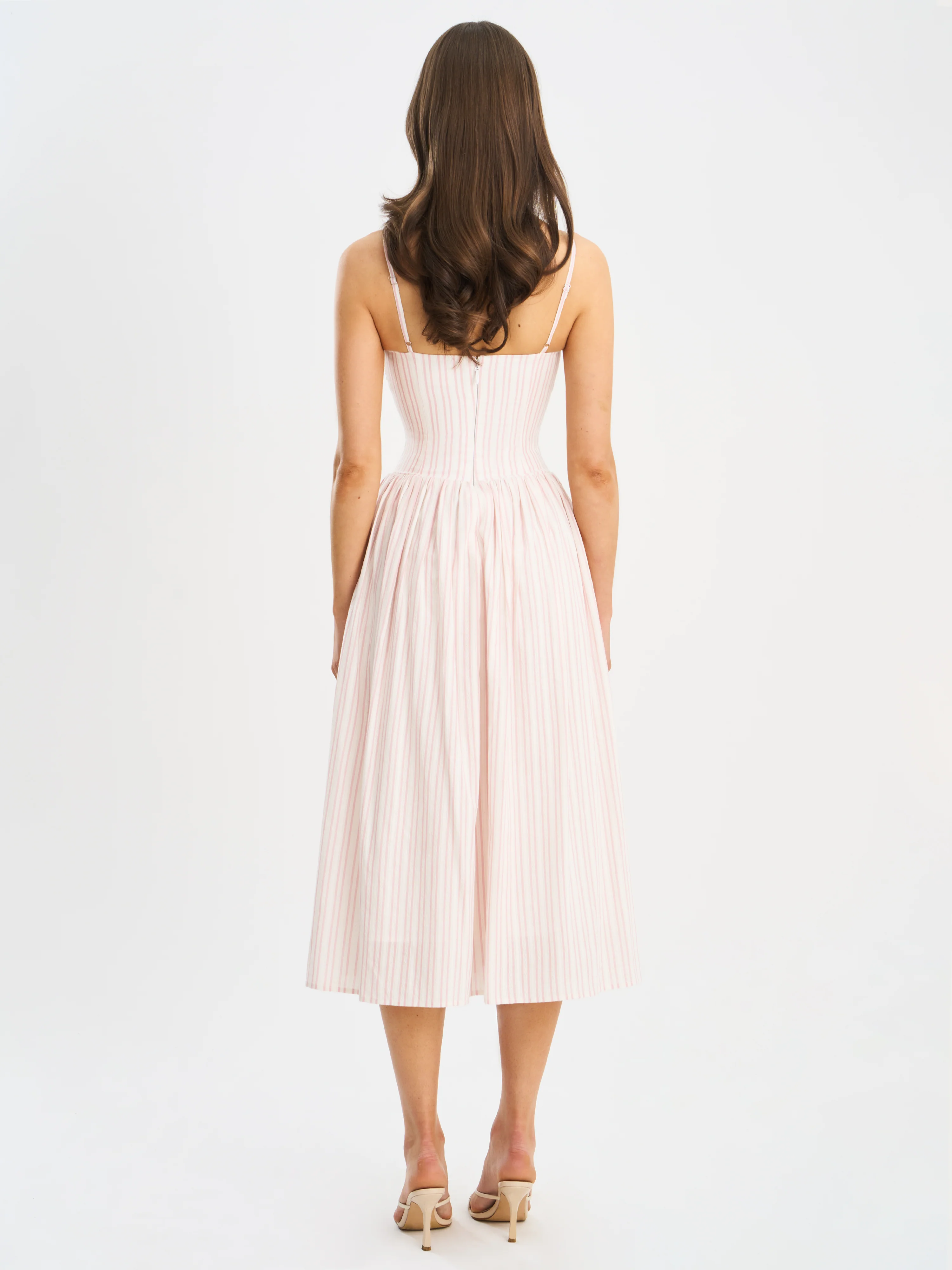 Zania Pink Stripe Ruched Breast Cotton Jacquard Midi Dress