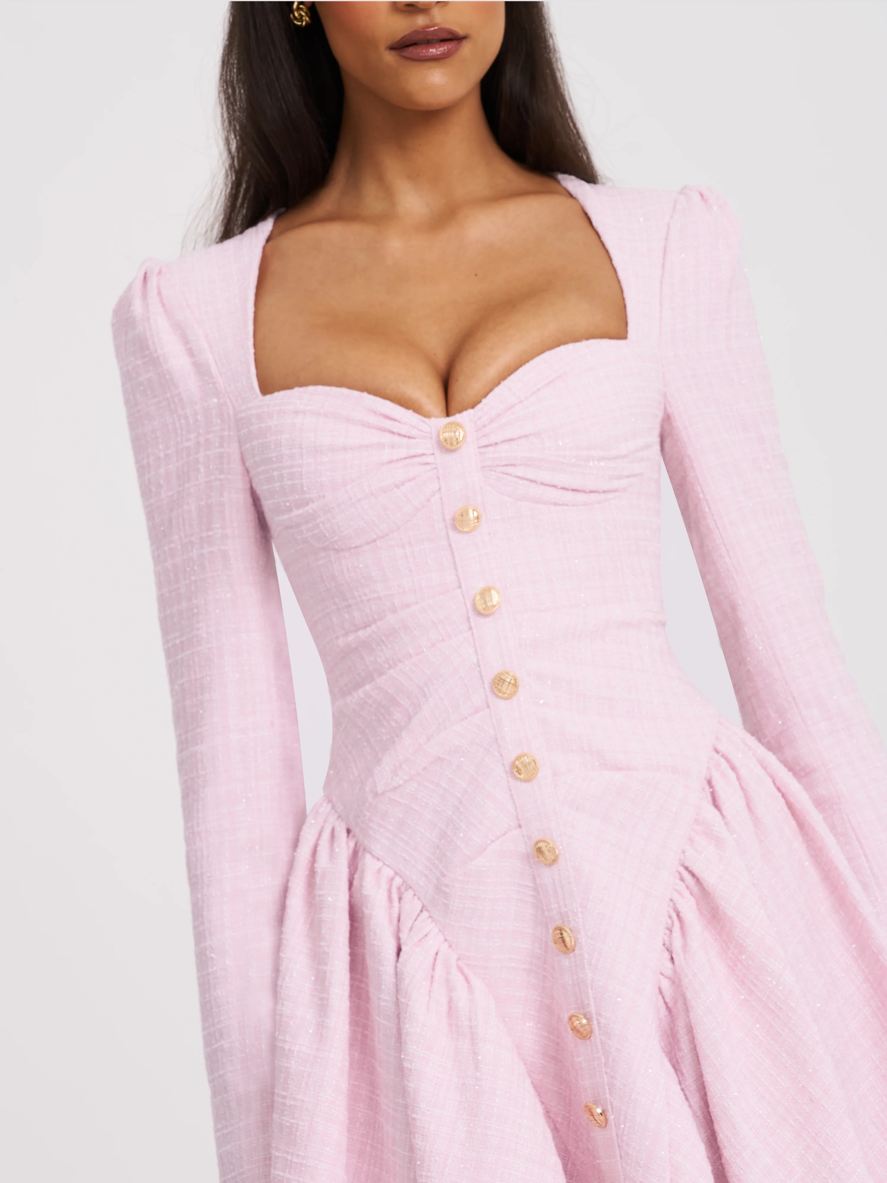 Tae Pink Tweed Long Sleeve Drop Waist Mini Dress