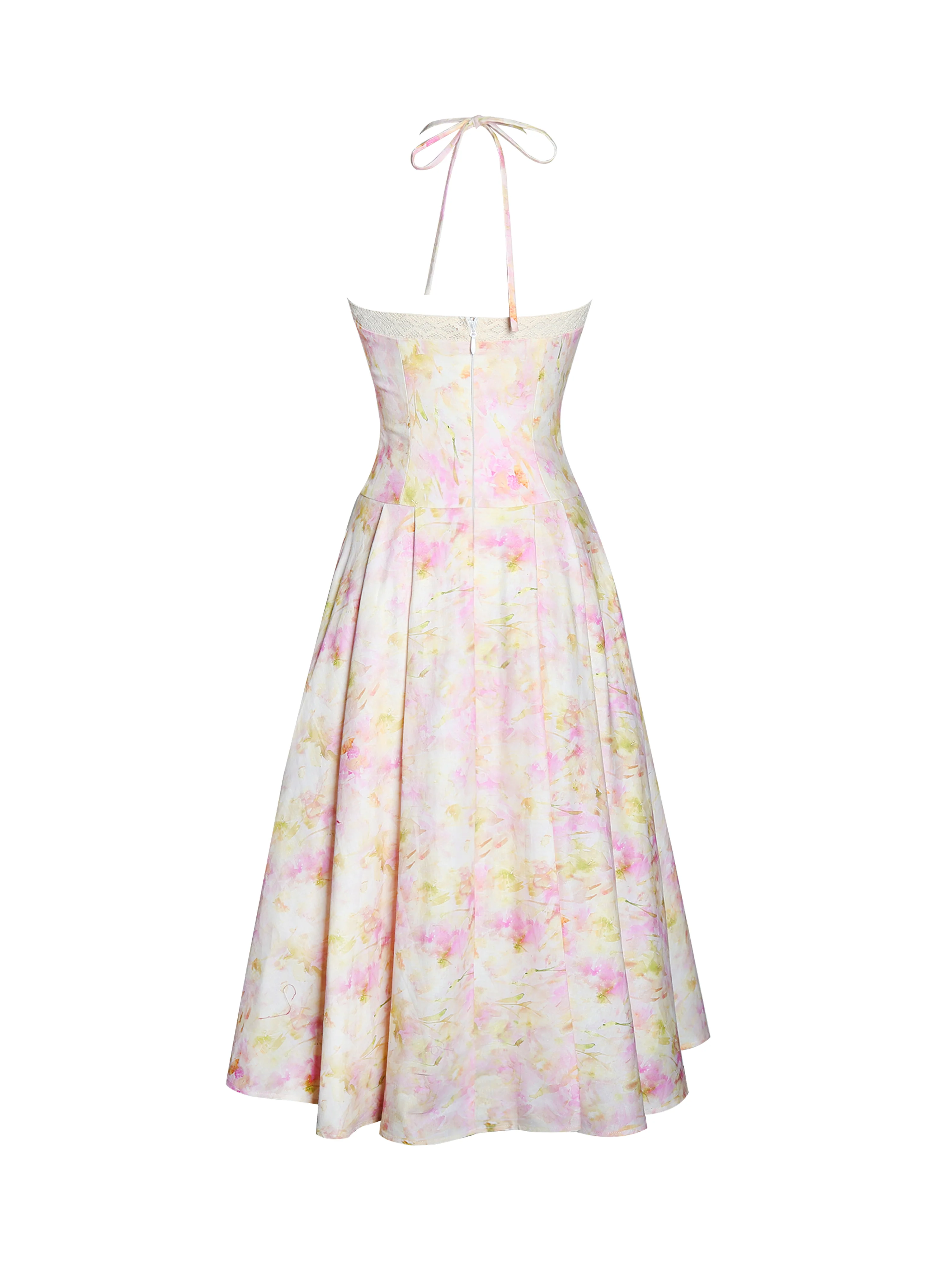 Zaina Yellow Pink Floral Print Lace Trim Linen Midi Dress