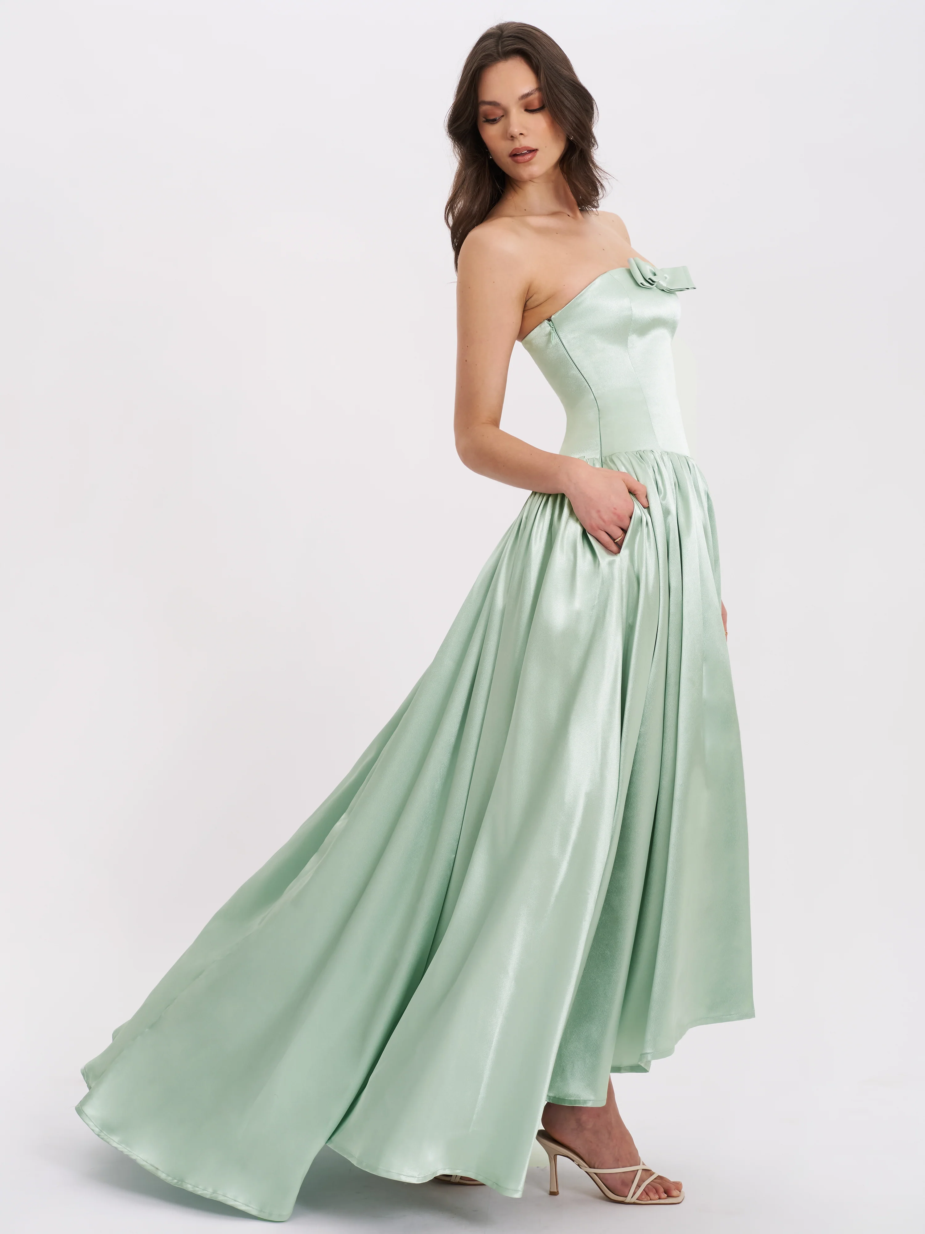 Lael Mint Green Back Button Trailing Gown