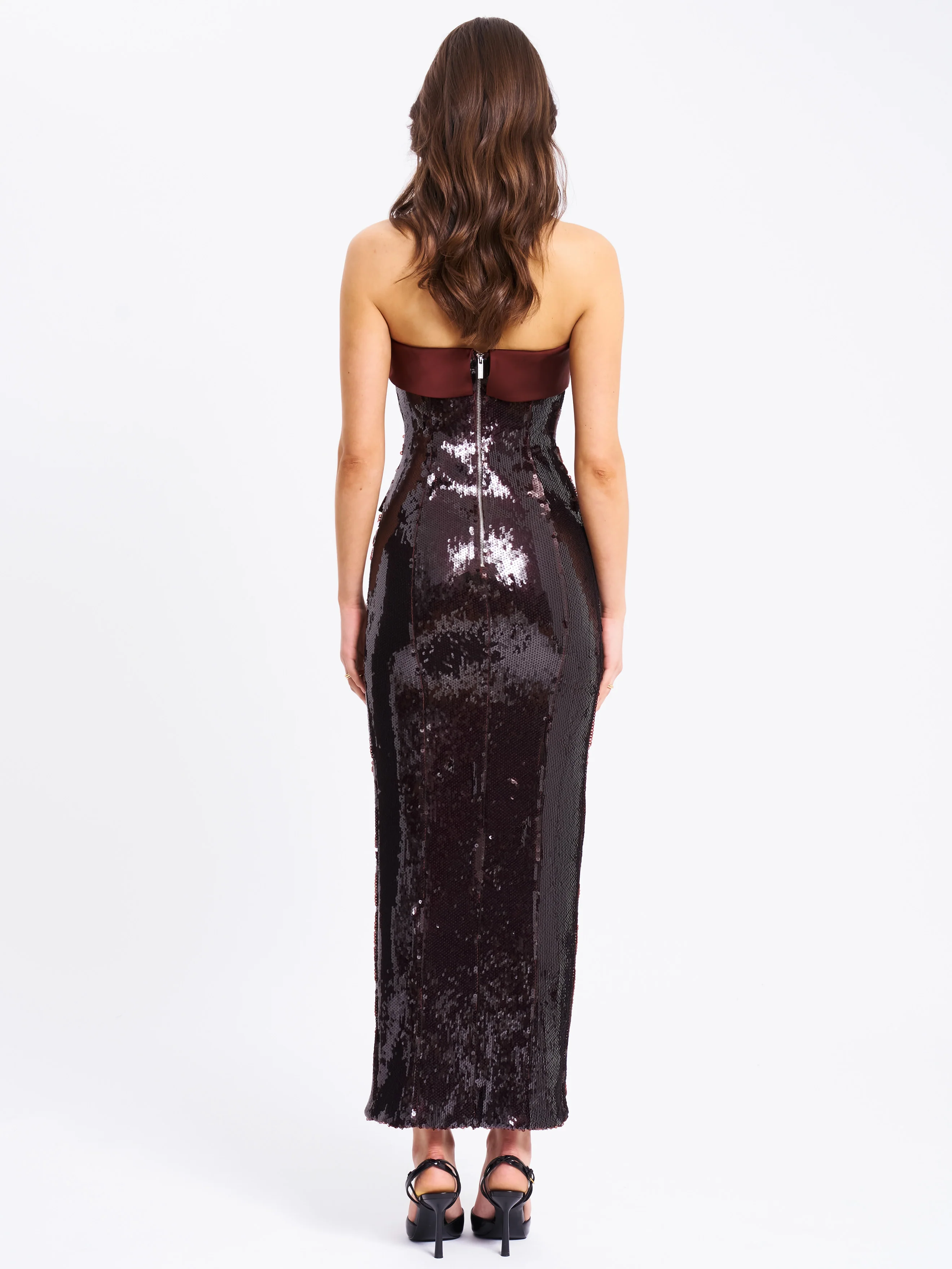 Qadira Burgundy Brown Sequin Maxi Pencil Dress