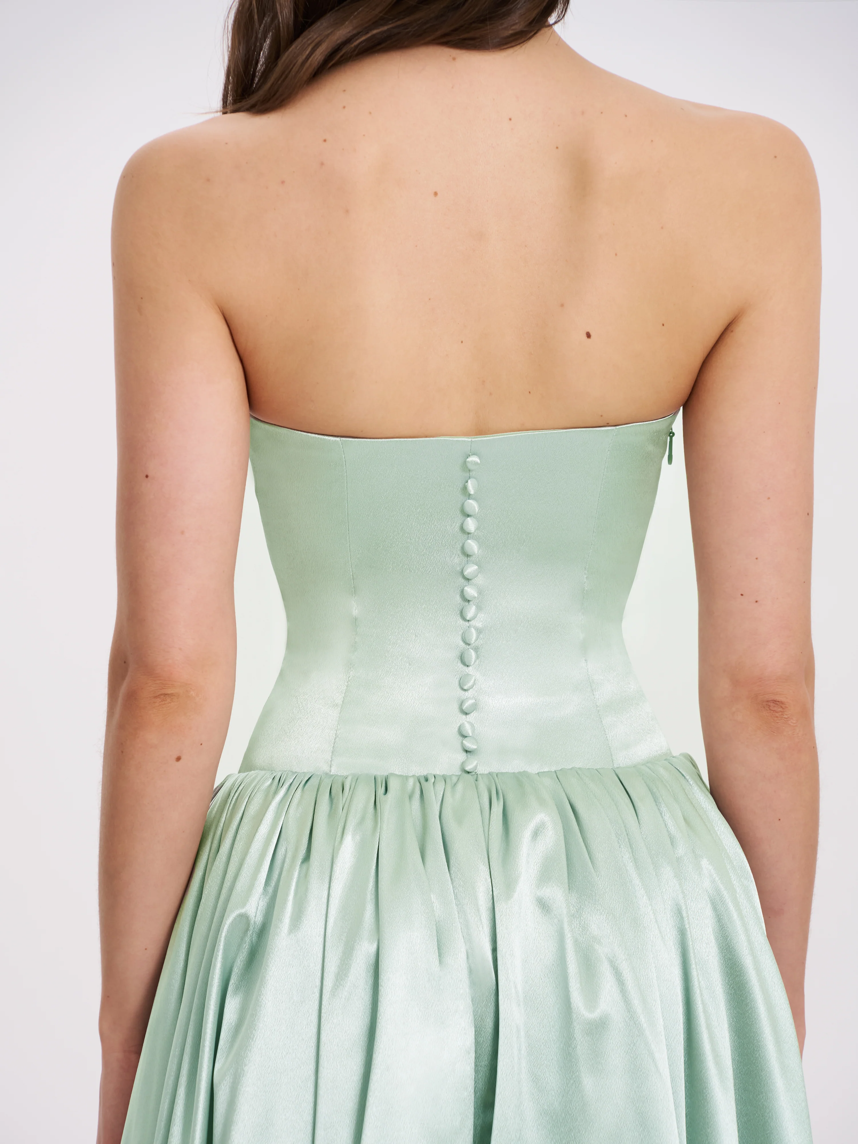 Lael Mint Green Back Button Trailing Gown