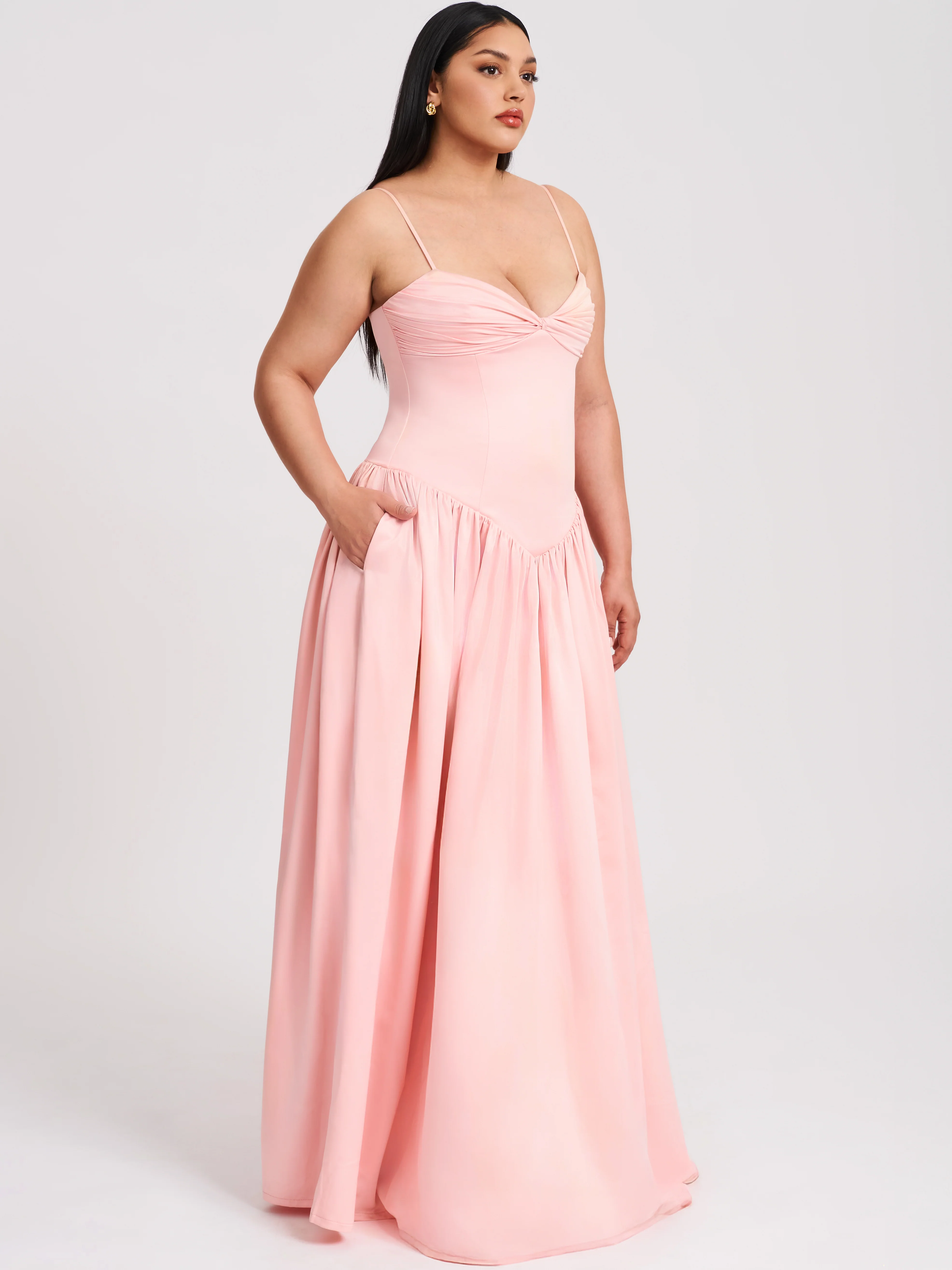 Najwa Baby Pink Ruched Breast Drop Waist Maxi Dress