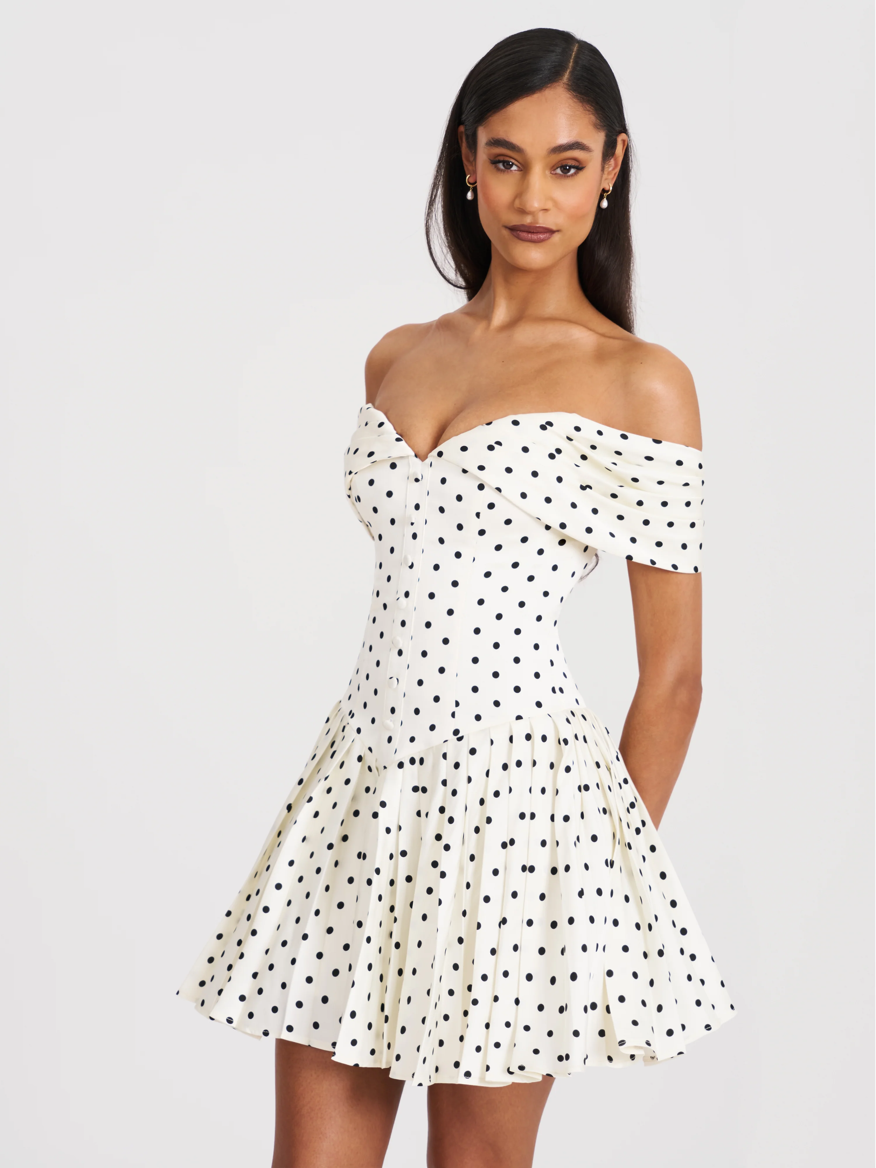 Edeline Polka Dot Off-shoulder Pleated Mini Dress