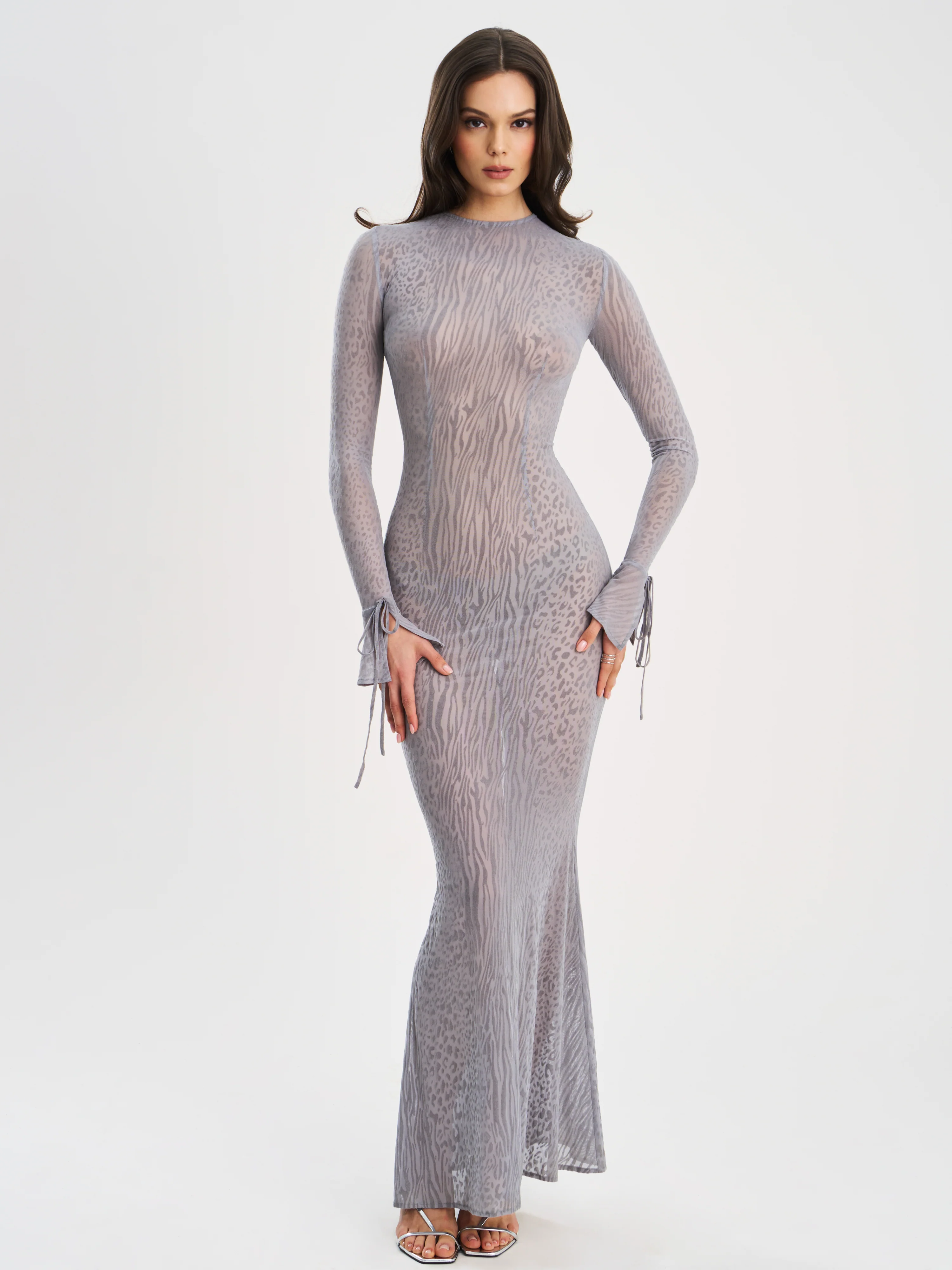 Waylynn Gray Animal Print Burnout Velvet Detail Mesh Backless Maxi Dress