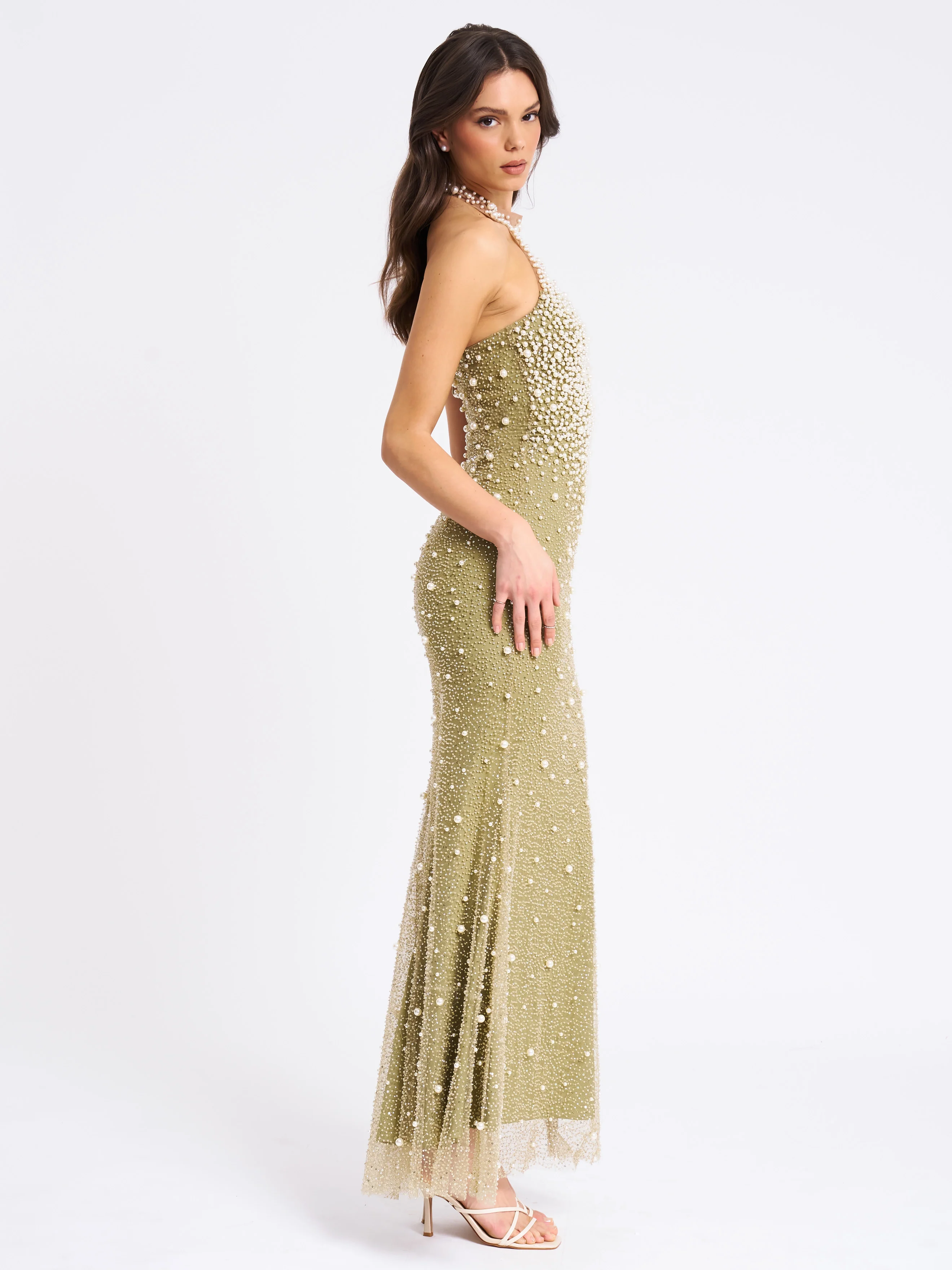 Ginny Pear Green Pearl Embellished Backless Gown