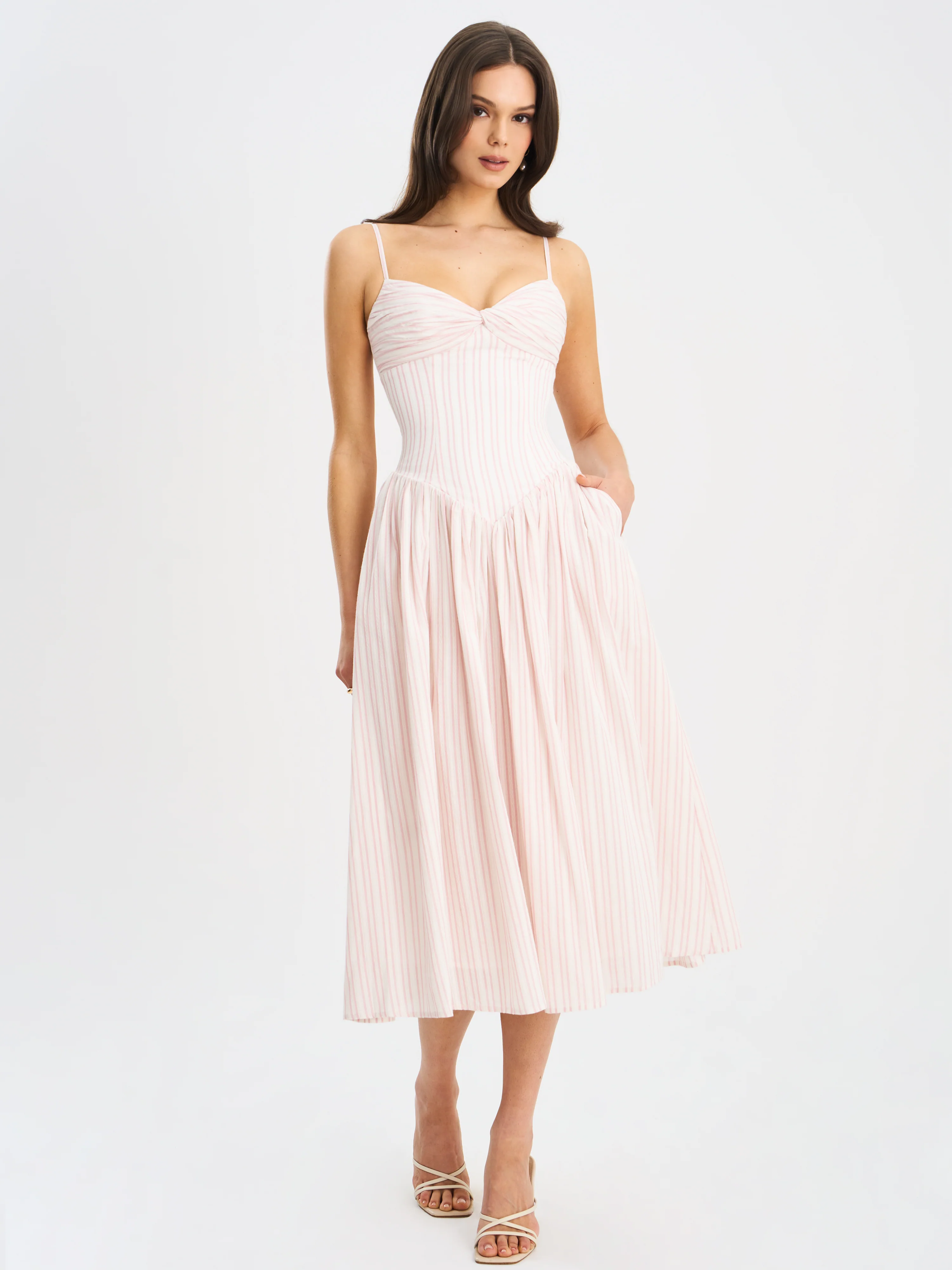 Zania Pink Stripe Ruched Breast Cotton Jacquard Midi Dress