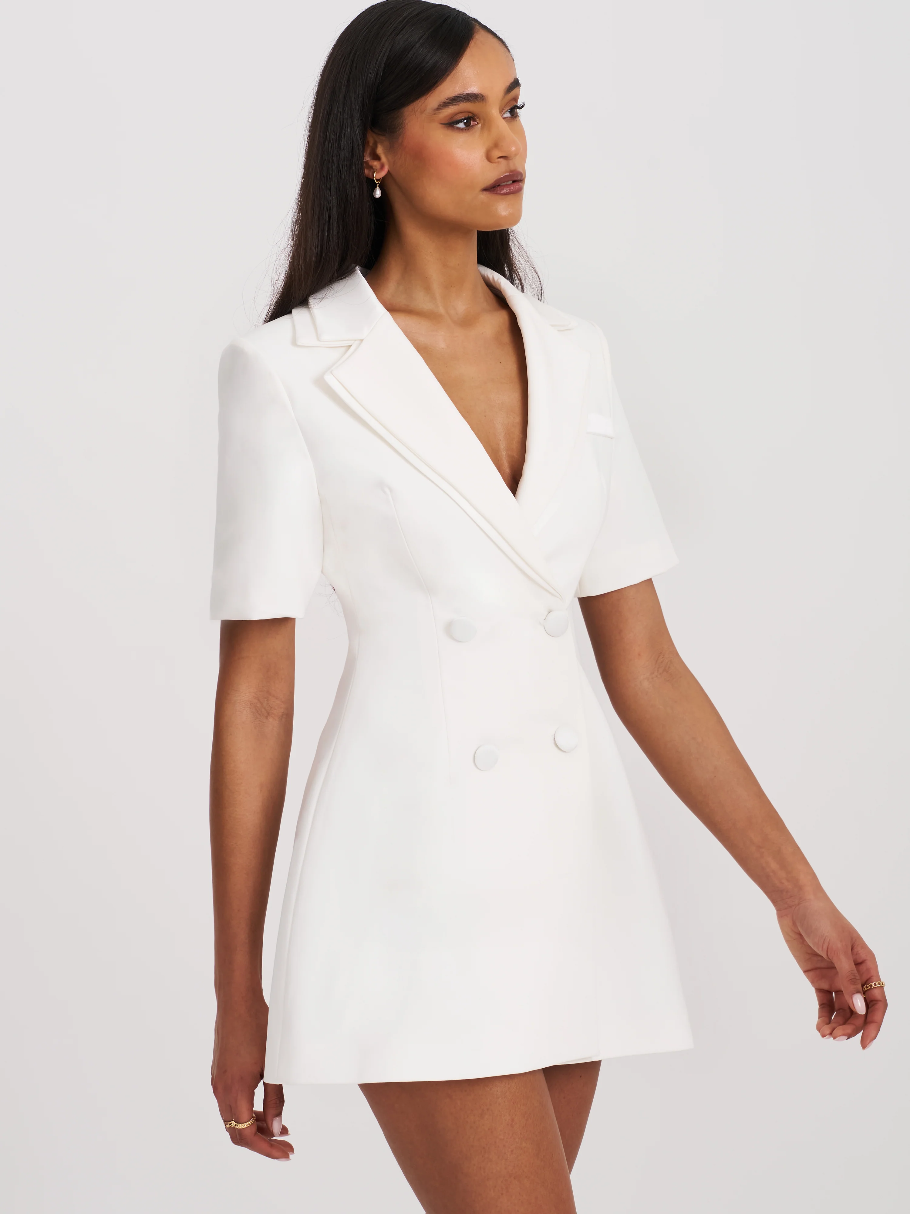 Madelina White Double Breast Satin Trim Blazer Dress