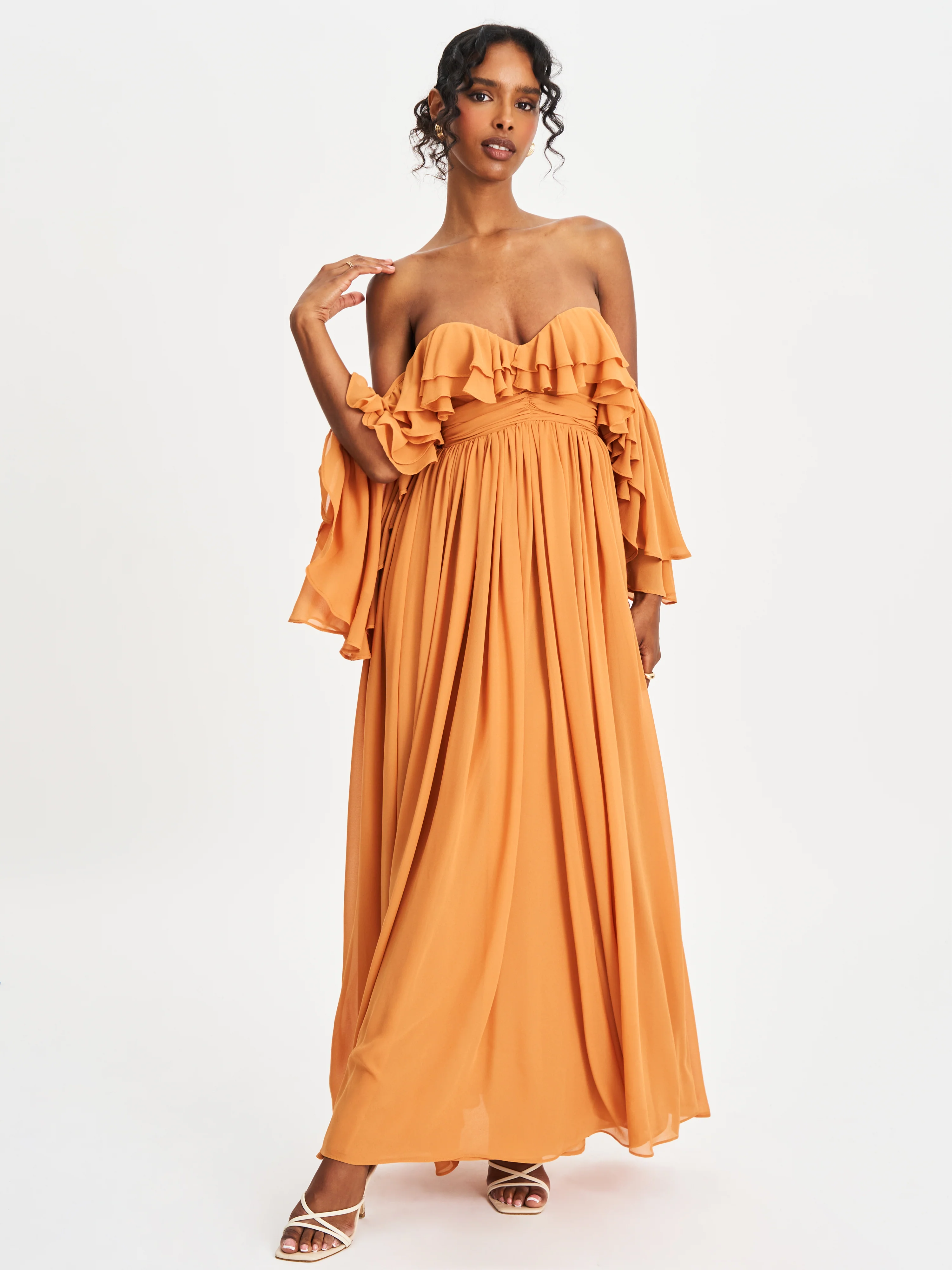 Kaela Brickwork Off Shoulder Chiffon Maxi Dress